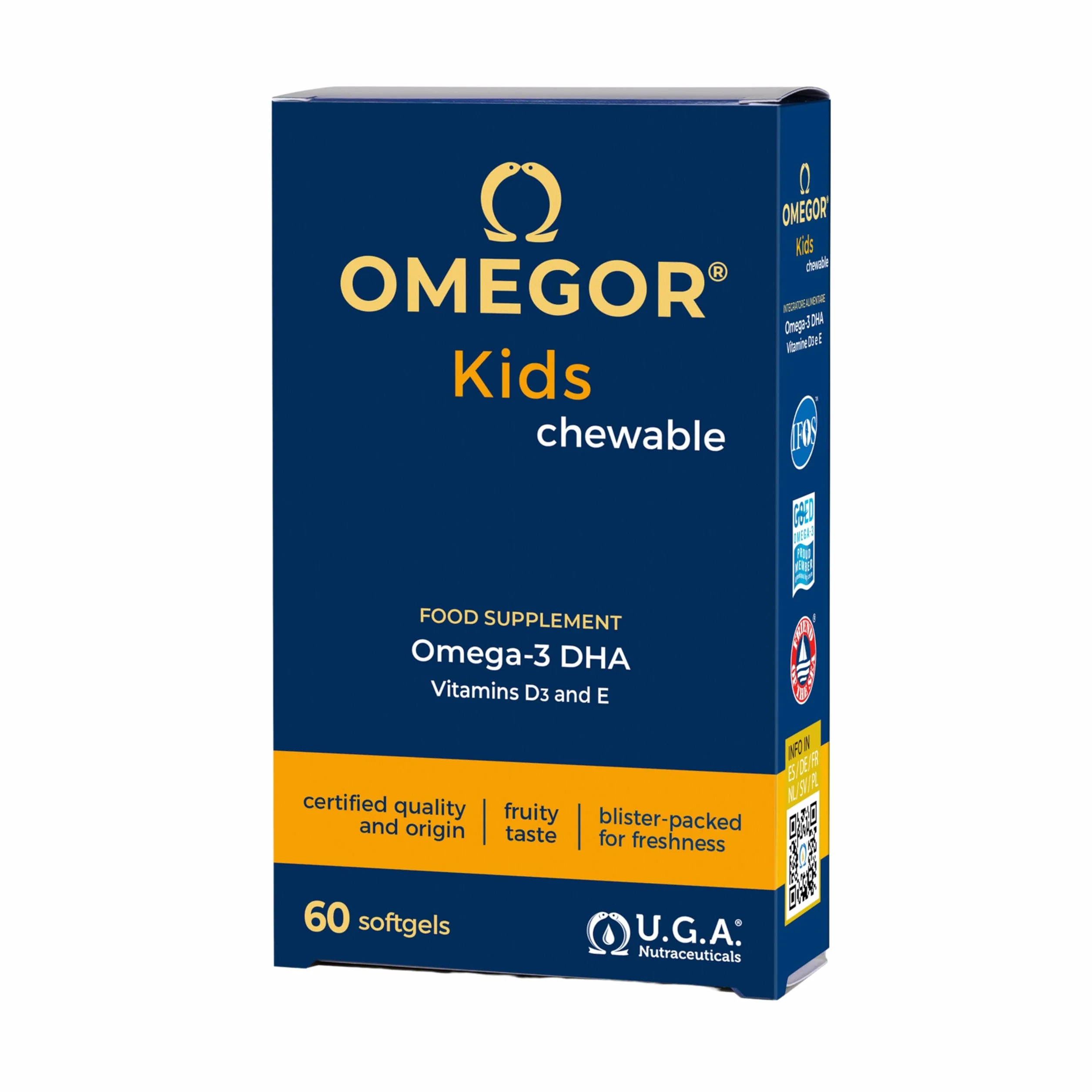 Omega 3 Bambini OMEGOR Kids 3+ Anni 60 Capsule Masticabili alla Frutta con Vitamine D3 ed E Ricco di EPA e DHA