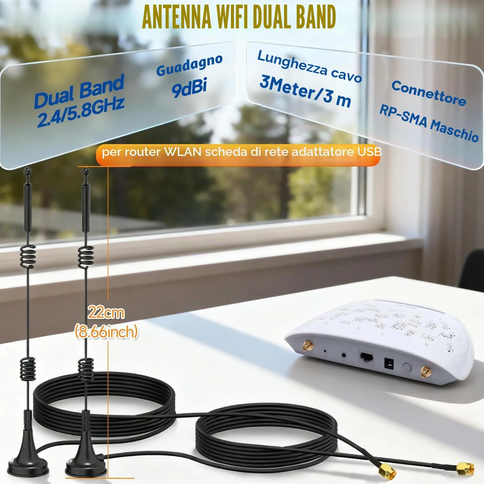 Bingfu Antenna WiFi 2,4GHz 5GHz Bibanda 9dBi MIMO Maschio RP-SMA Omnidirezionale con Base Magnetica Cavo Prolunga 3 m per Router WiFi Telecamera IP Sicurezza Schede Madre Adattatore USB, 2 pacchi