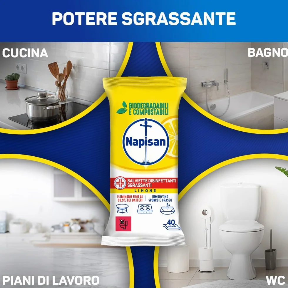 Napisan Salviette Disinfettanti Sgrassanti al Limone, 80 Salviette Biodegradabili Multisuperfici