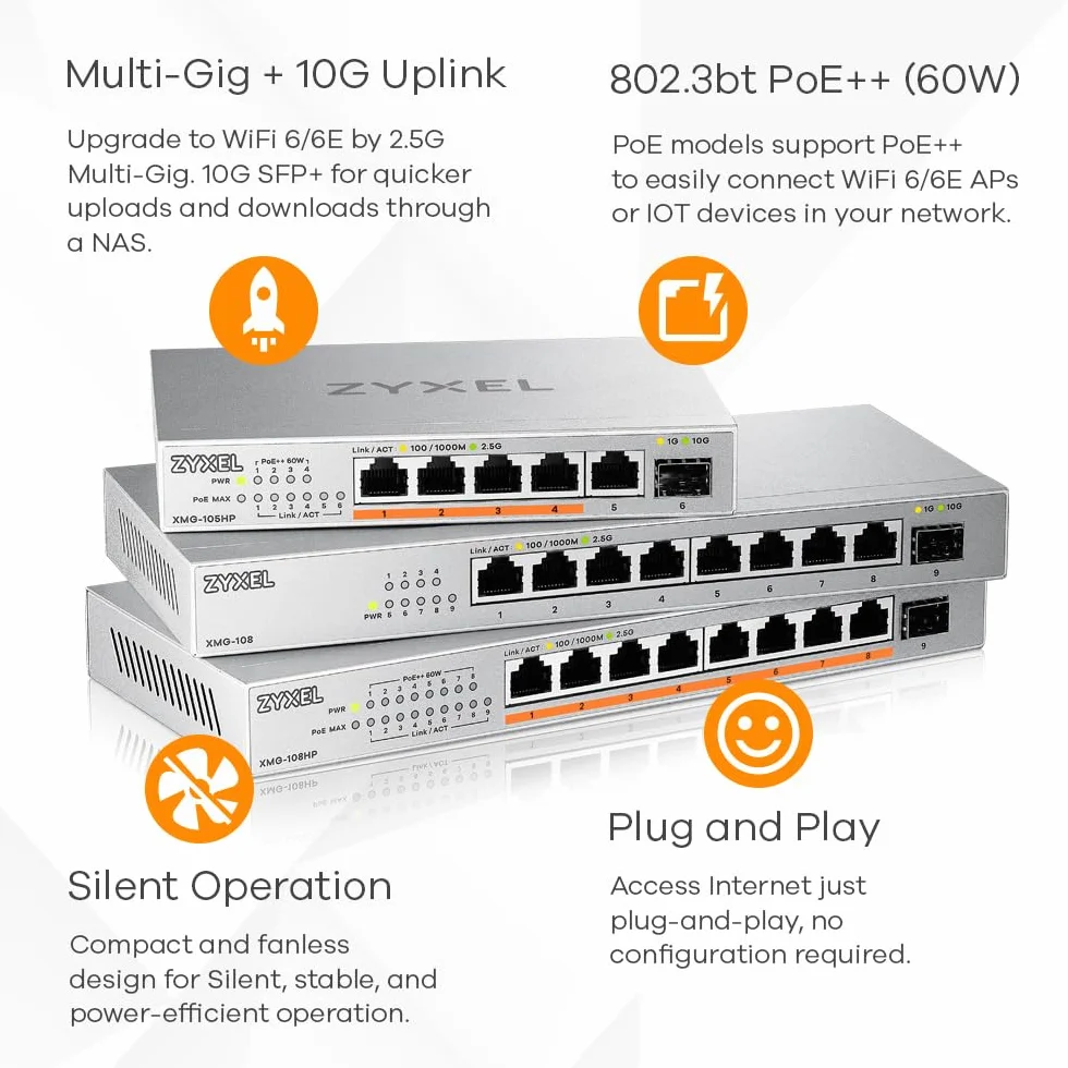 Zyxel Switch Ethernet 8 Porte | Unmanaged Multi-Gigabit Switch 2.5 Gigabit | 1 x 10Gb SFP+ | Montaggio su Desktop o Parete [XMG-108]