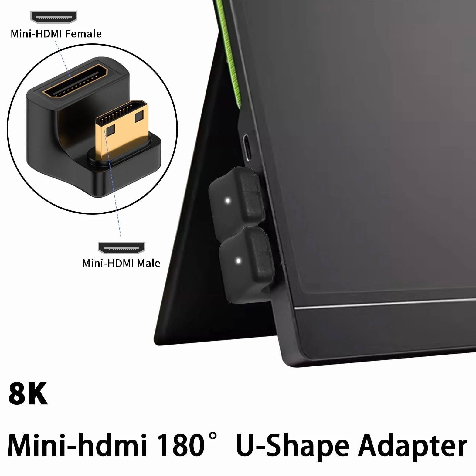 Duttek Mini adattatore HDMI 8K a forma di U, 48 Gbps angolo verso il basso, mini adattatore HDMI maschio a femmina, adattatore mini HDMI a 180 gradi con indicatore LED di lavoro per fotocamera,