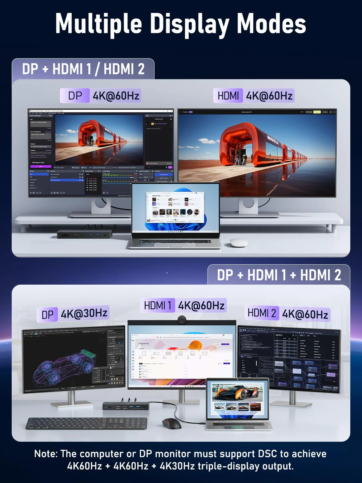 Lemorele Docking Station USB C Doppio Monitor, Docking Station USB-C Triplo Display, 13 in 1 con 2 * HDMI 4K, DP/DisplayPort, 4 * USB, USB-C 3.0, PD 100 W, SD/TF, Audio/Mic per Dell, HP, Lenovo, ecc
