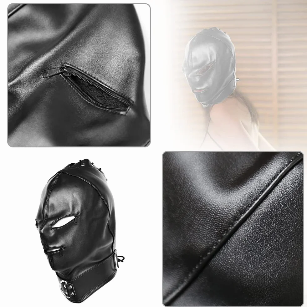 SXOVO BDSM Maschera per la testa in pelle regolabile con occhi aperti e bocca con cerniera per bondage erotico