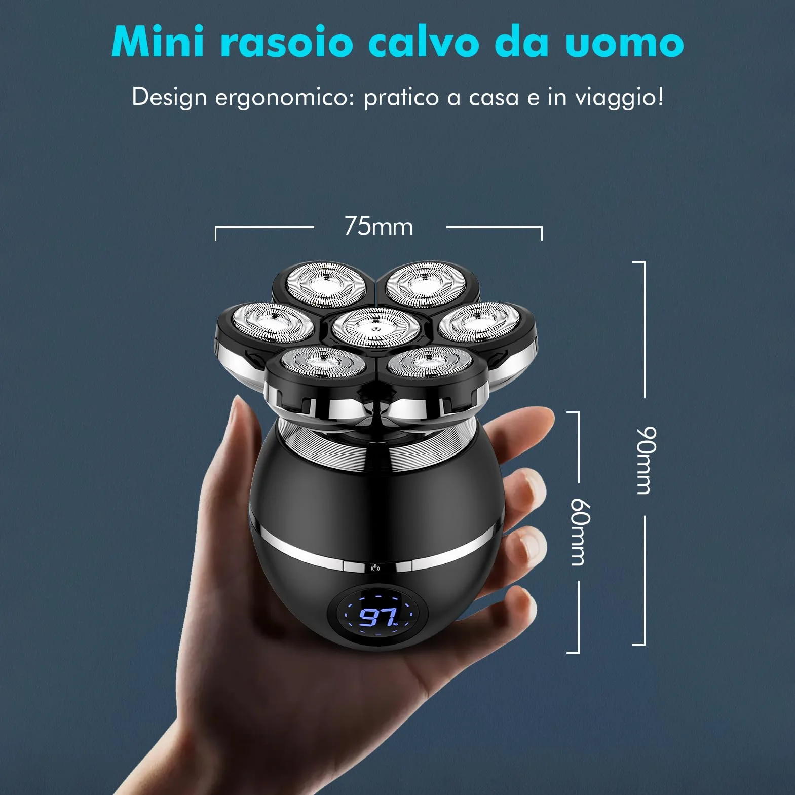 7D Rasoio Elettrico Barba Testa Calva Uomo IPX7 Impermeabile 6 in 1 con Display LED 9 Kit di Bellezza