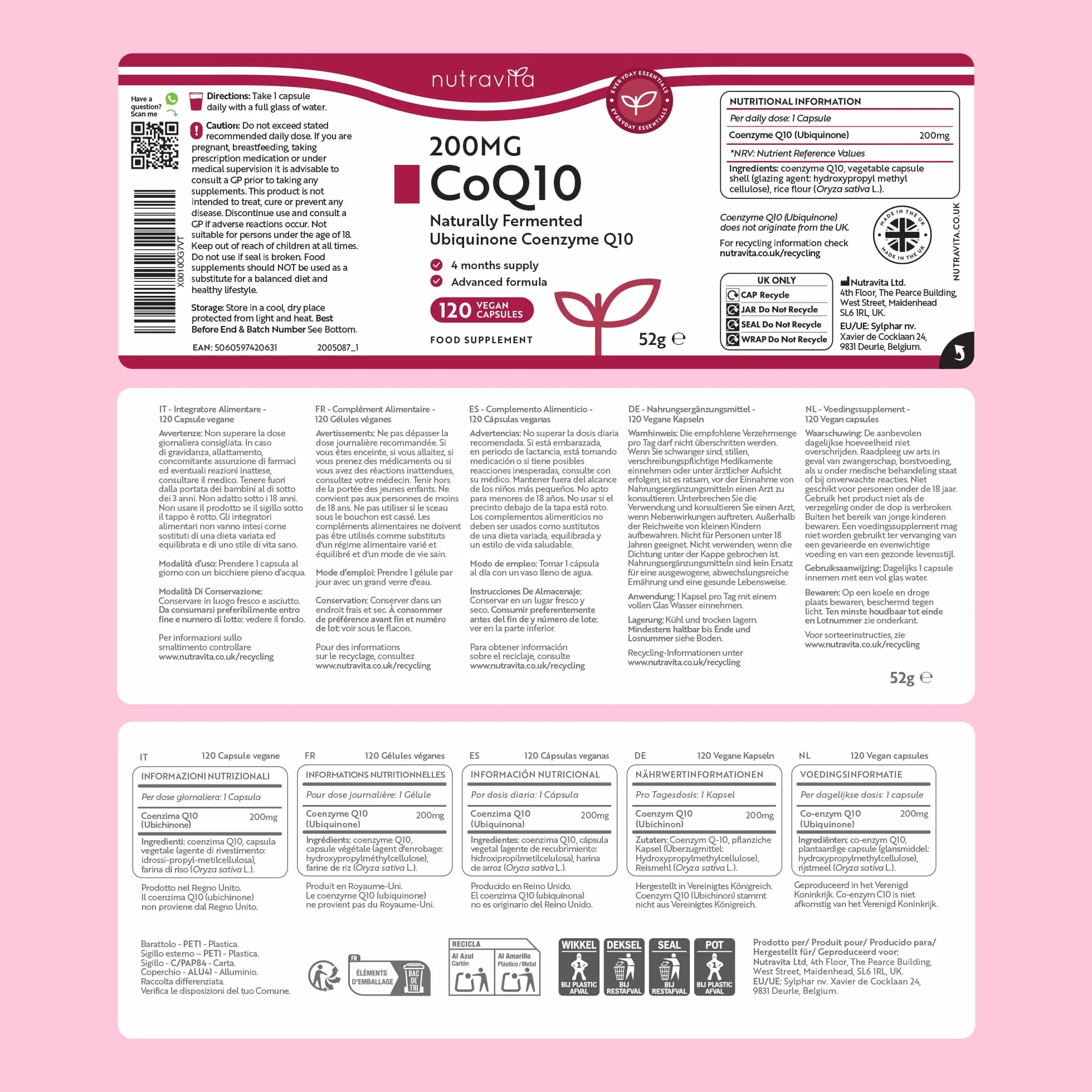 Nutravita Coenzima Q10 200mg - 120 Capsule Vegane, Ubichinone Puro al 100% - Alto Dosaggio