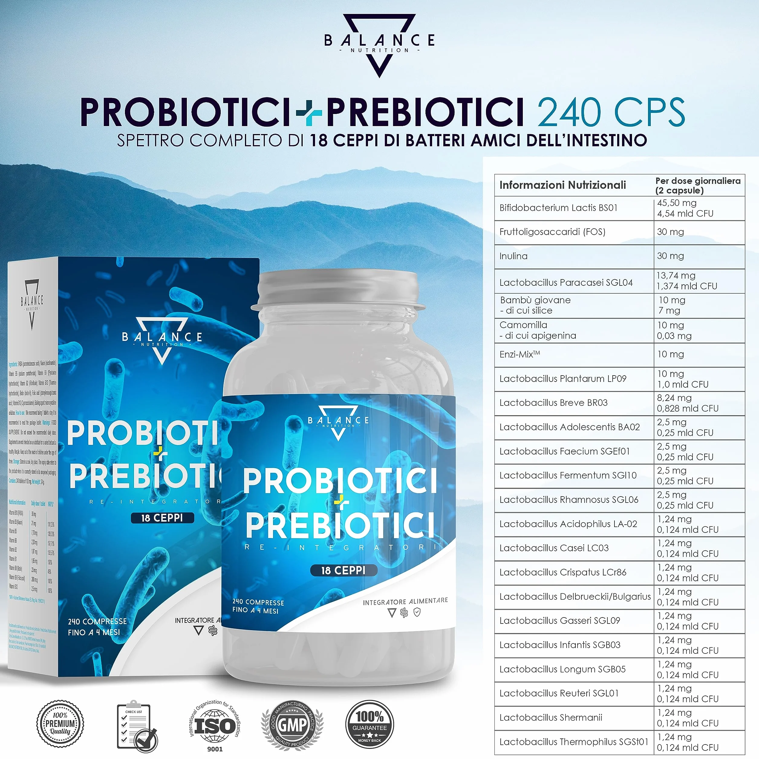 Probiotici e Prebiotici 240 Capsule 20 Miliardi CFU 18 Ceppi Batterici Lactobacillus Enzimi Digestivi Inulina