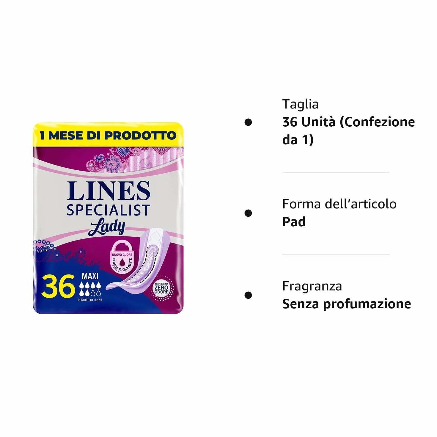 Lines Specialist Lady Maxi Assorbenti Incontinenza Donna Zero Odore Barriere Laterali 3x12 Unità
