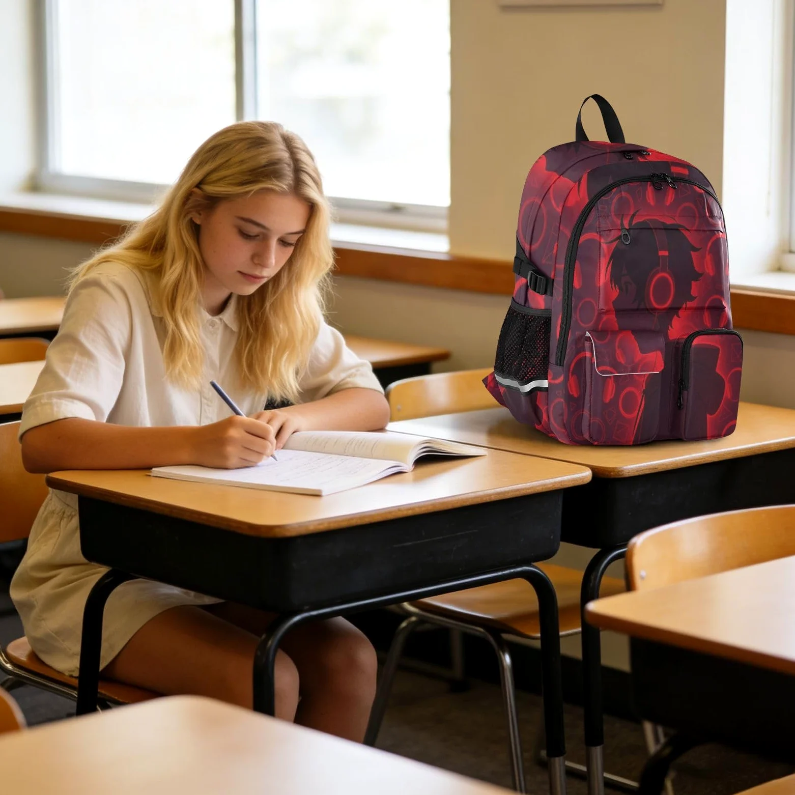 Zaini da viaggio per computer portatile, con motivo anime, con cuffie, colore rosso, 44,5 cm