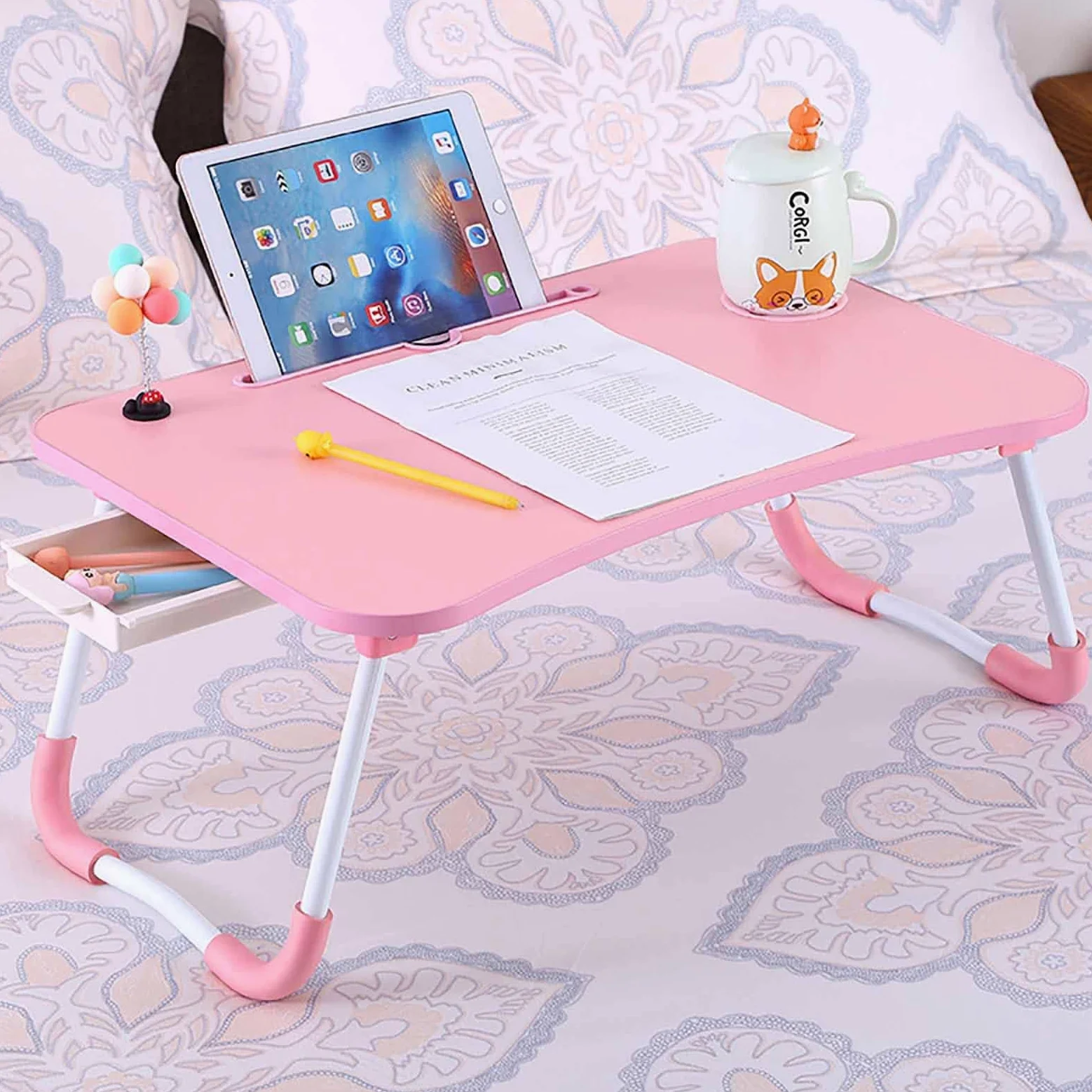 Scrivania per Laptop Multifunzionale Supporto per Laptop Pigro Tavolino Pieghevole Portatile Tavolino da Letto con Cassetto Portaoggetti,Pink
