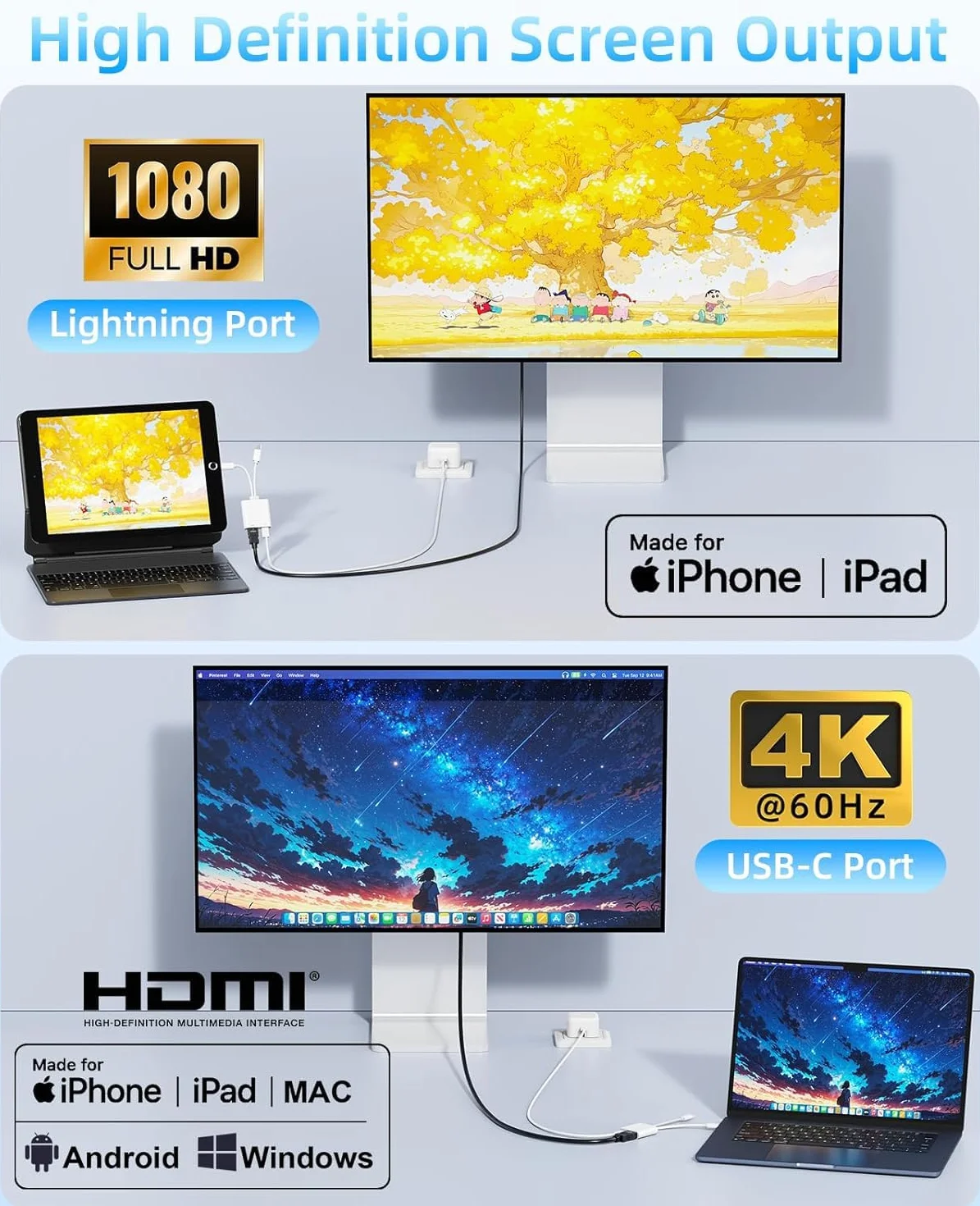Adattatore USB-C e Lightning a HDMI per iPhone iPad a TV [2026 Nuovo, MFi Certificato], 2 in 1 4K@60 Hz Sincronizzazione Apple Lightning a Adattatore AV Digitale per MacBook, iPhone16/15