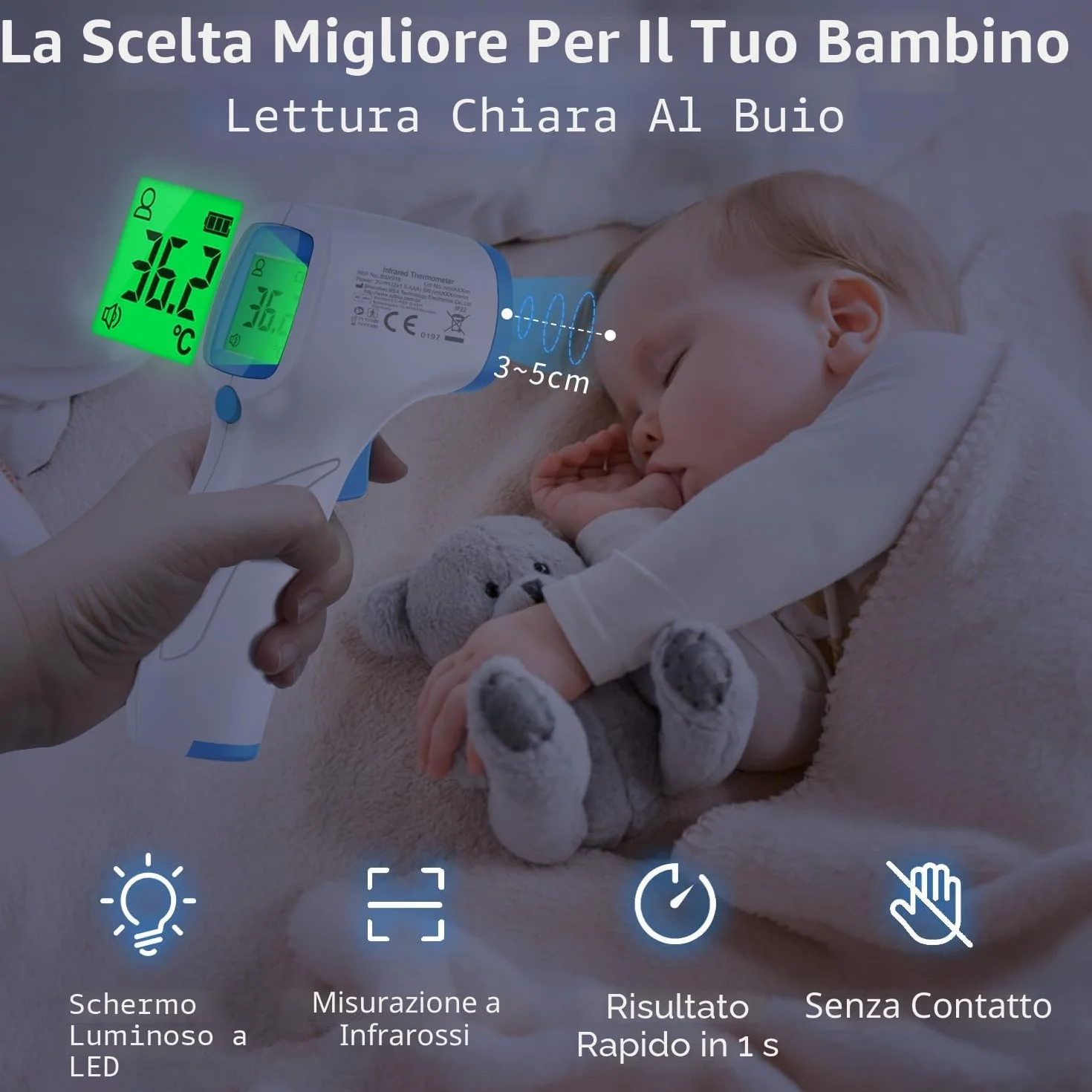 Termometro Infrarossi senza Contatto Digitale Febbre, Misurazione Rapida e Accurata con Memoria, per Adulti Bambini Neonato