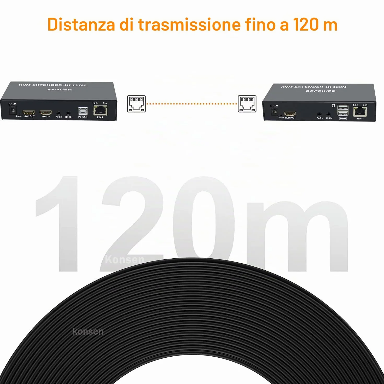 KVM EXTENDER 4K 120M Ricevitore, Extender 4K HDMI KVM Extender via Cat5e/6 cavo Ethernet 120M HDMI USB Extender Video Audio Trasmettitore Ricevitore Supporto Tastiera Mouse