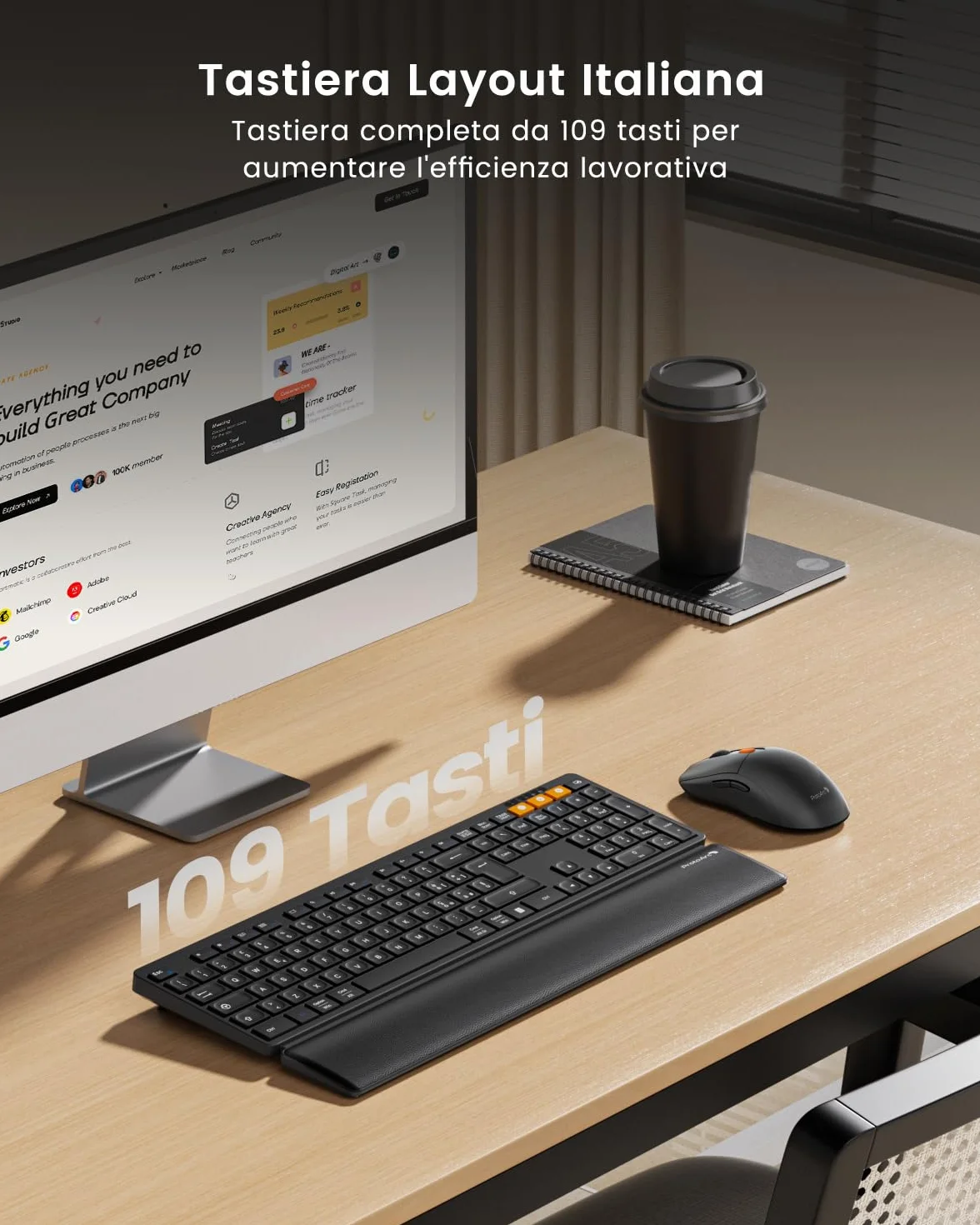 ProtoArc Tastiera e Mouse Wireless Bluetooth, KM60 Full-size Tastiera PC con Poggiapolsi, Ricaricabile, 2,4 GHz + 2*Bluetooth, per Laptop, Mac, Windows, Italiano QWERTY - ‎Nero