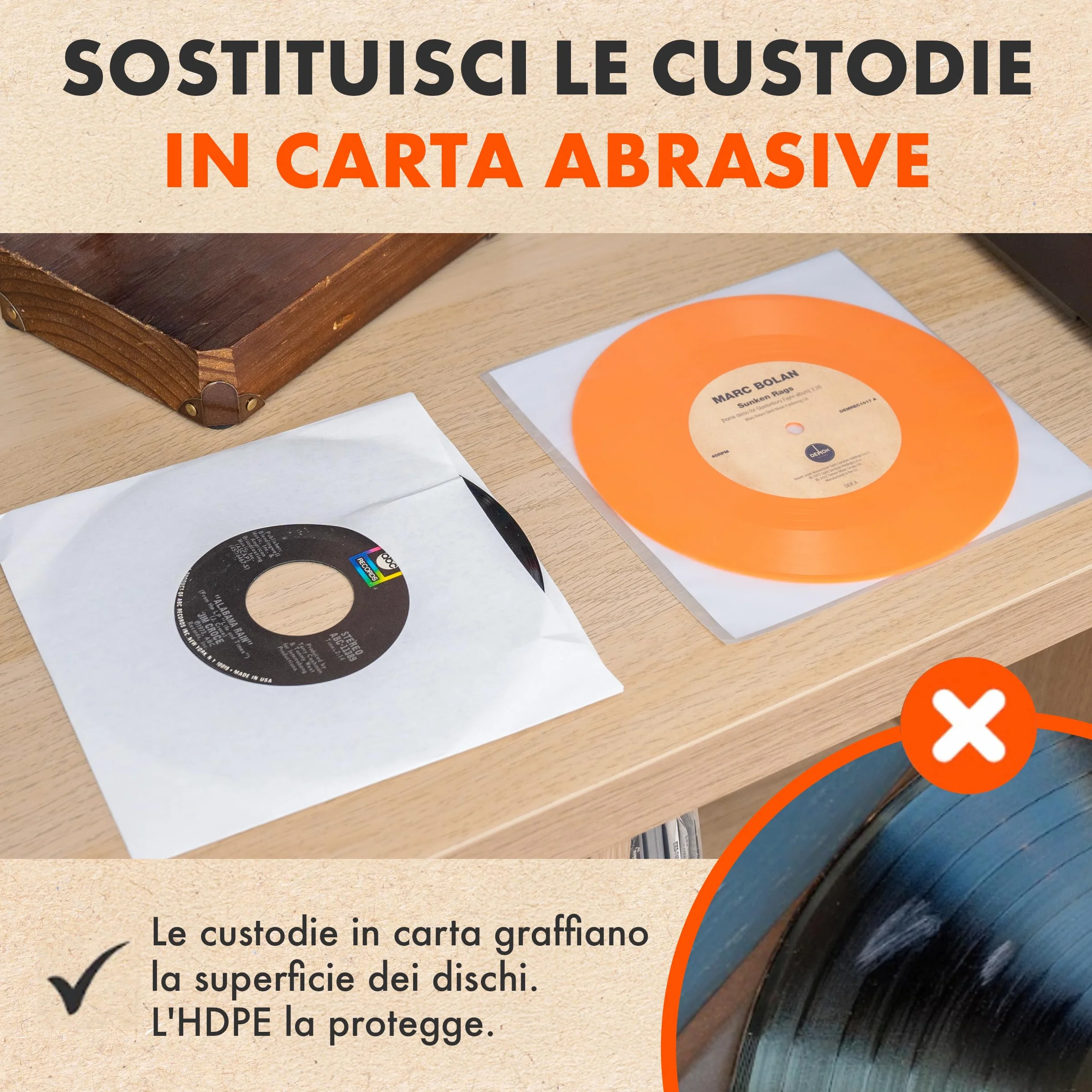 Spincare 50x 7 pollici Buste Vinili 45 Giri Interne | Audiophile buste per vinili antistatiche in HDPE qualità archivio per dischi 45 giri 7"