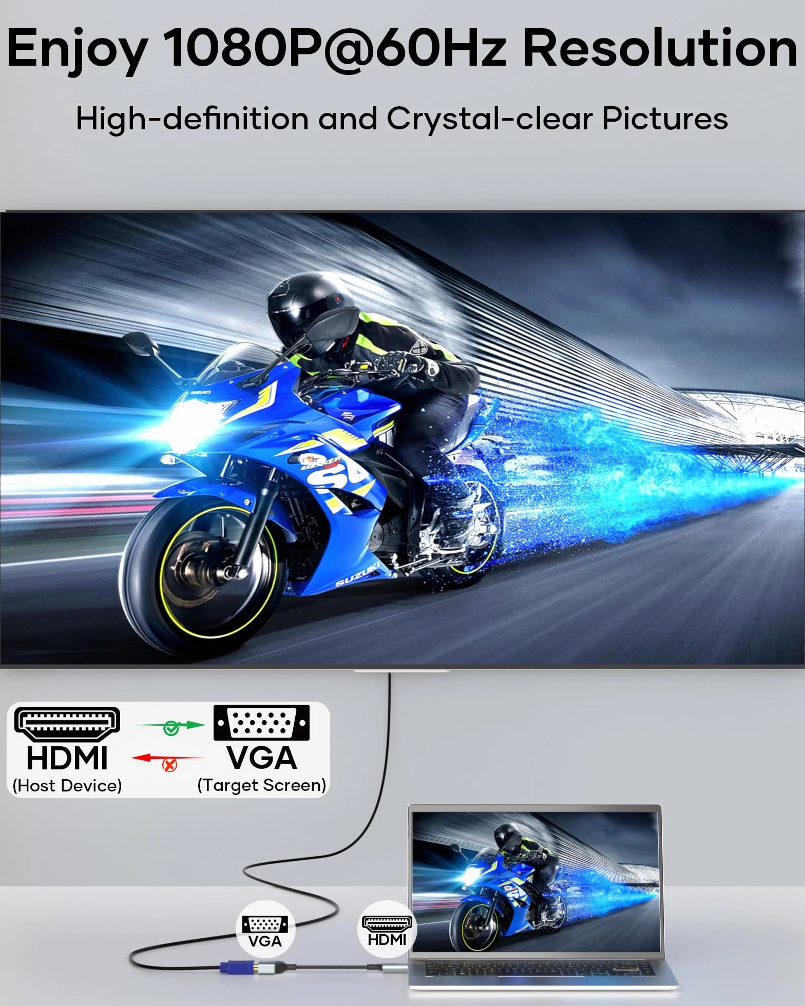 Adattatore HDMI a VGA, HDMI maschio a VGA femmina 1080P a 60Hz compatibile con desktop, laptop, PC, monitor, proiettore, HDTV, Chromebook, Raspberry Pi, Roku, Xbox e altro