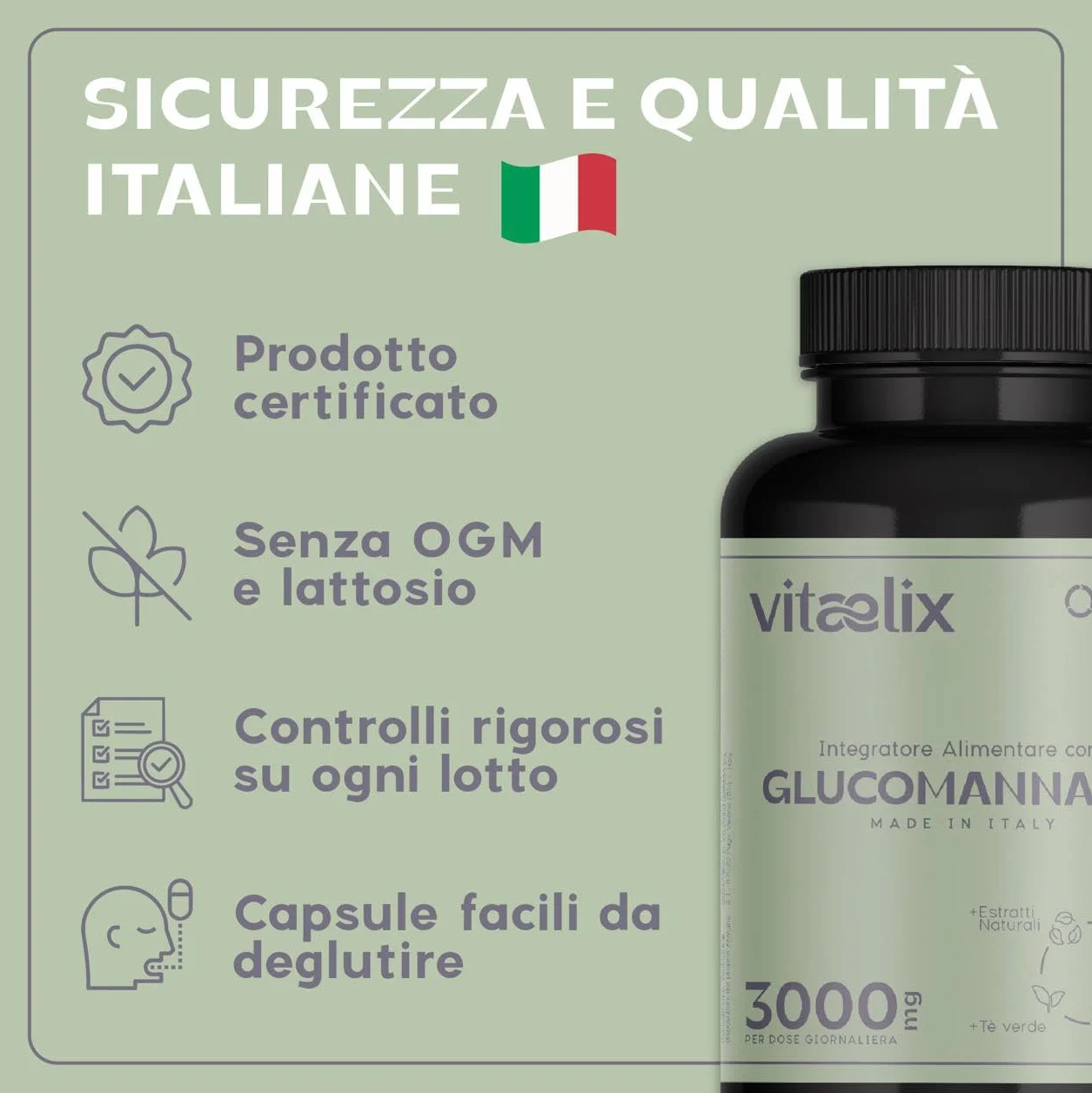 Glucomannano Forte 3000 Mg 120 Capsule Integratore Alimentare con Inulina, Carnitina, Zenzero, Ginseng, Tè Verde, Magnesio - Vitaelix®