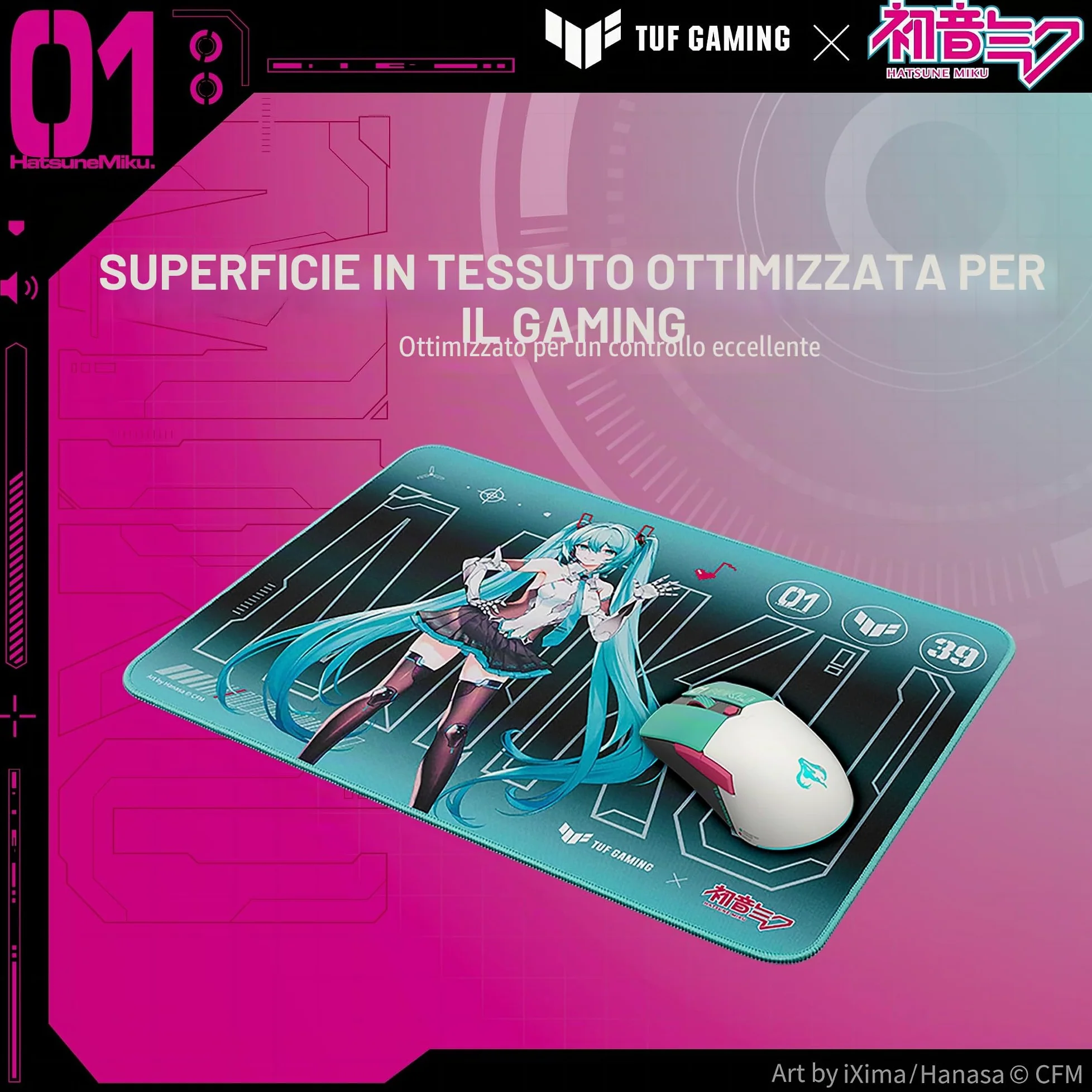 ASUS TUF Gaming P1 Hatsune Miku Edition Tappetino per mouse portatile da gaming, 25,4 x 20,3 cm (medio), rivestimento protettivo, impermeabile, cuciture resistenti agli UV, base in gomma antiscivolo