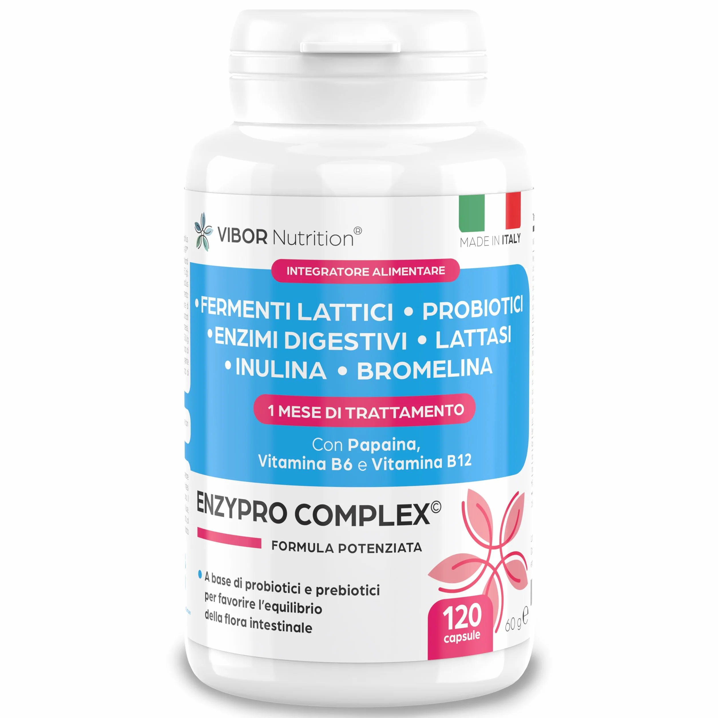 Vibor 120 Cps Enzypro Complex 3 in 1, Fermenti Lattici Probiotici E Prebiotici Per Intestino + Enzimi Digestivi Bromelina Plus Forte Drenante, Lattasi, Inulina, Riduce Il Gonfiore Addominale, Per Adulti