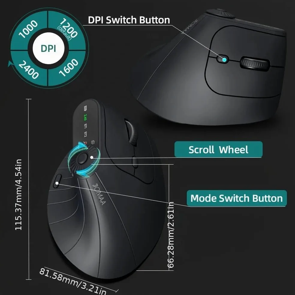 JOMAA Mouse verticale ergonomico senza fili 2,4 G e doppio Bluetooth, tre canali, DPI regolabile, piatto girevole multifunzionale, ricaricabile, per PC, laptop, MacBook (nero)