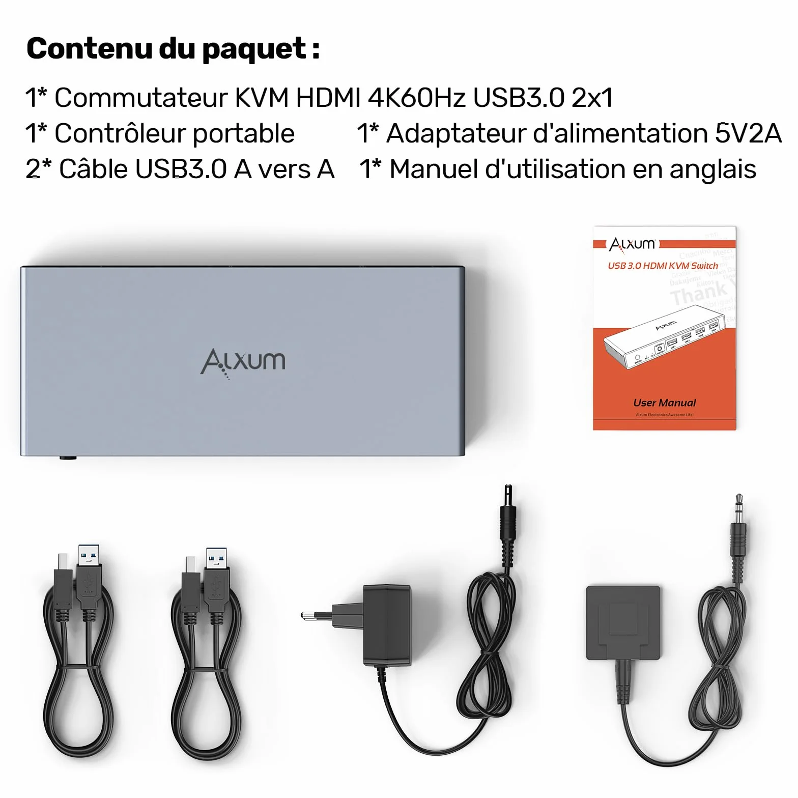 Alxum USB HDMI 2 PC KVM switch 1 monitor che supporta 4K60HZ, due computer per condividere uno schermo con quattro porte USB, tra cui controller desktop, 2 cavi USB e adattatore di alimentazione