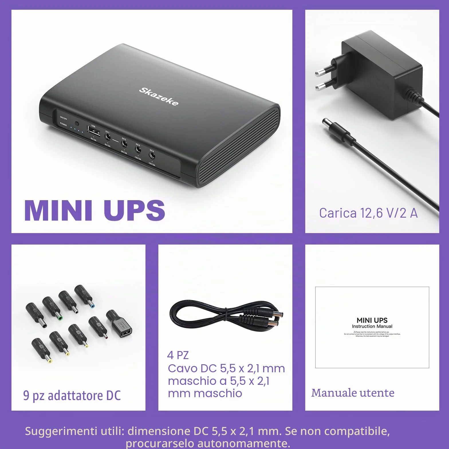 Mini UPS, Skazeke Gruppo di continuità da 15000mAh con uscita DC USB 5V/2A DC 5V/9V/12V/2A, batteria di backup dell'alimentazione per router, modem, videocamera di sicurezza