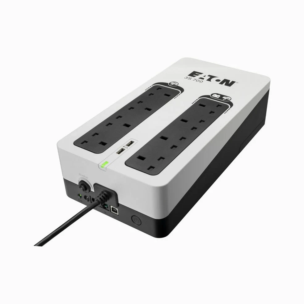 Eaton 3S 700B UPS - Gruppo di continuità Off Line - 3S700B - 700VA (8 prese BS, 2 porte USB Type-A, silenzioso, software di spegnimento) - Interfaccia USB (cavo incluso) - Bianco e nero