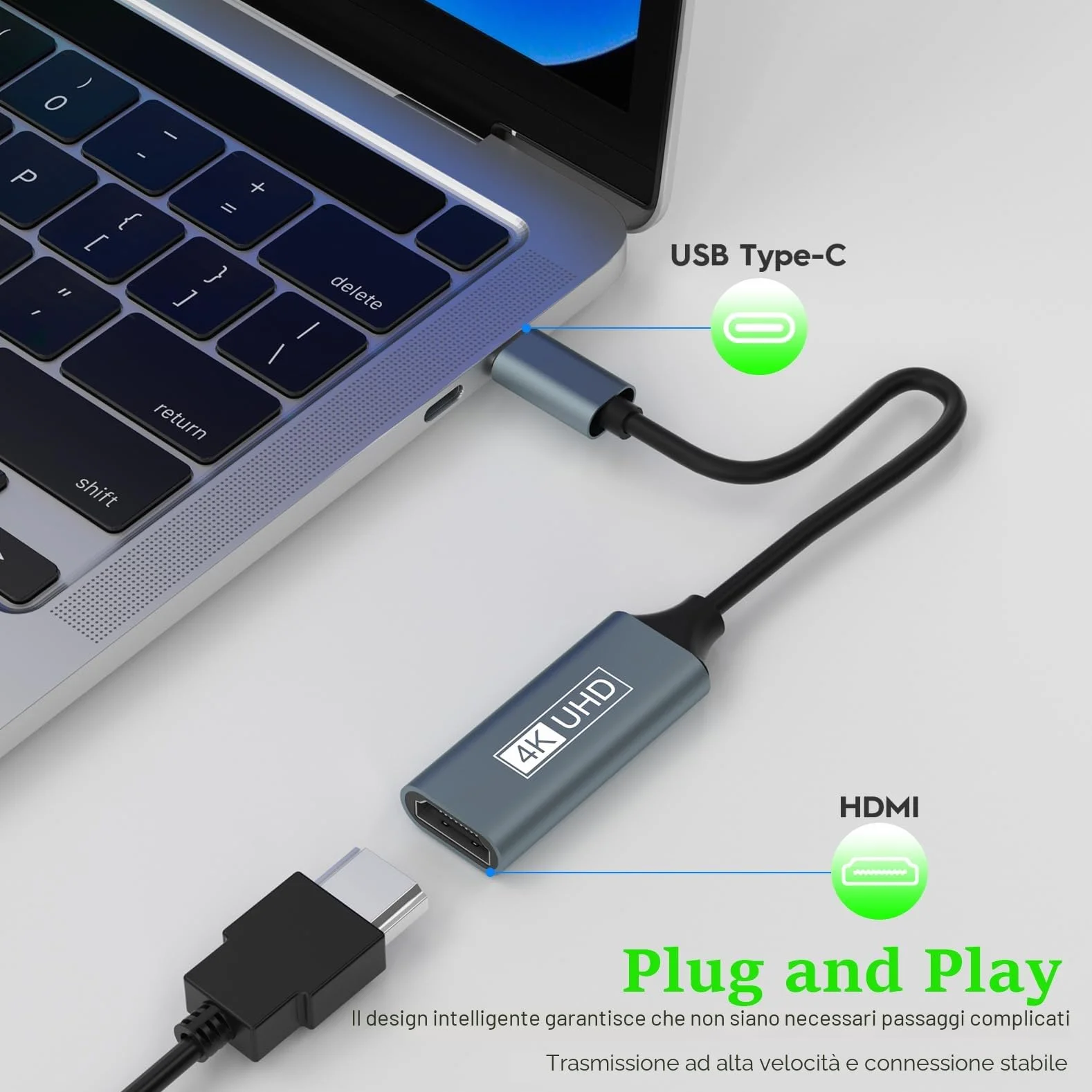 Adattatore USB C HDMI, Adattatore HDMI USB C 4K Thunderbolt 3/4 Compatibile con iPhone 17/16Pro/16Pro Max/16/15, MacBook Pro/Air, iPad Pro/Air, Pixelbook, Samsung Galaxy S/Note, Dell XPS, Surface Pro