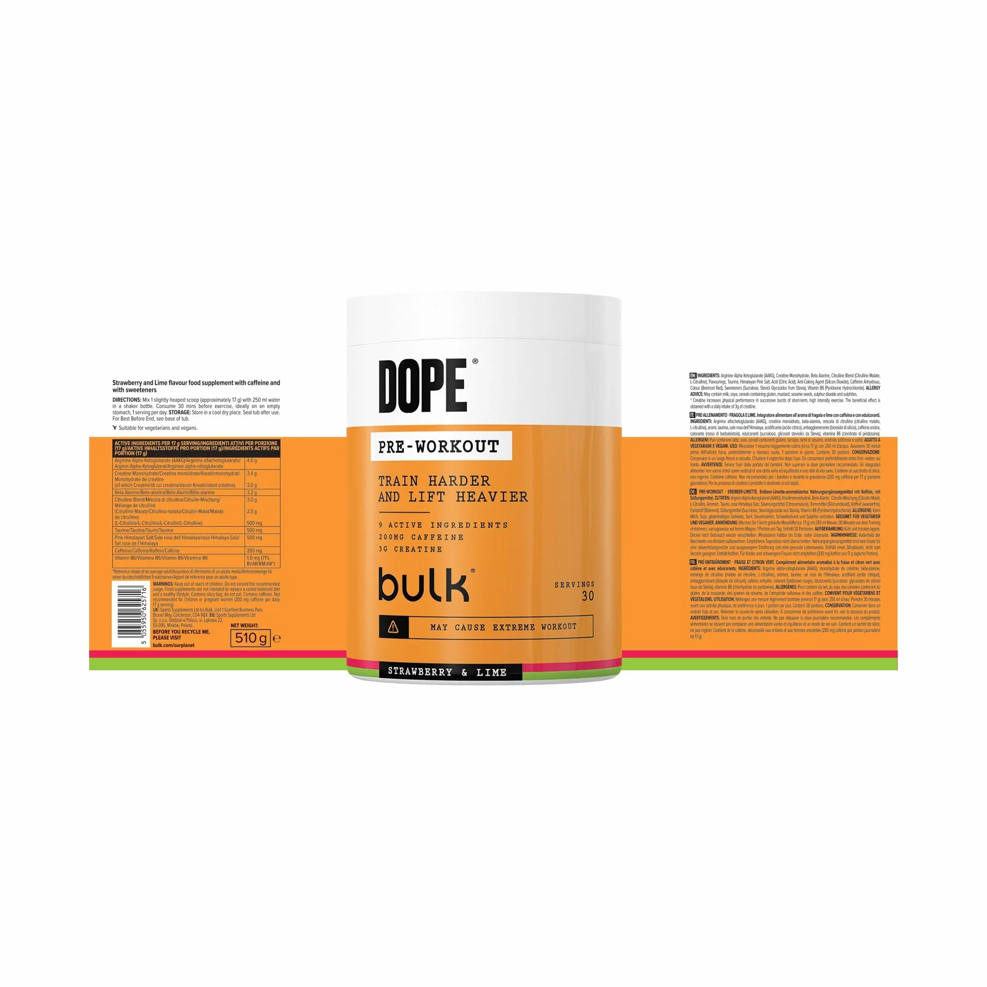 Frogola Lime Polvere Pre-Workout Dope 3g Creatina 200mg Caffeina Citrullina Arginina Beta-Alanina 510g