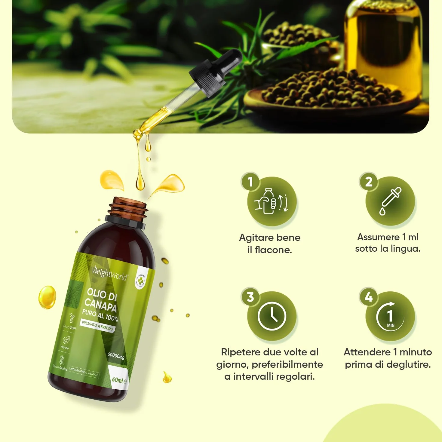 Olio di Canapa 2000mg 60ml 100% Puro Vegano Pressato a Freddo Integratore Hemp Oil