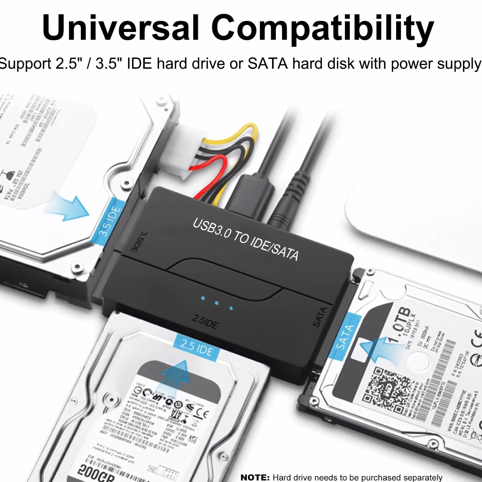 Adattatore USB 3.0 a IDE/SATA 12V per HDD SSD 2.5/3.5 pollici, supporta 6 TB