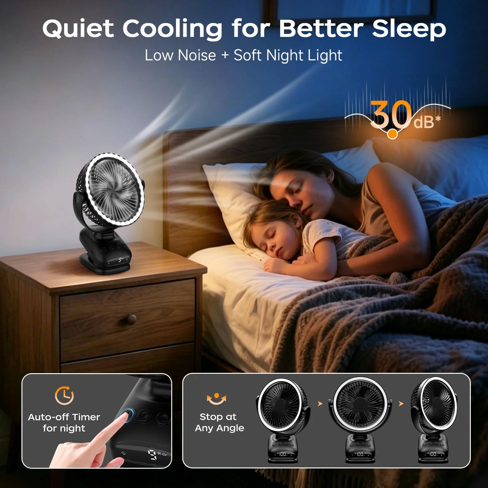 WUQNGI Mini Ventilatore Portatile,10000mAh Silenzioso Ventilatore da Tavolo,USB Ventilatore da Scrivania Potente con Pinza e Timer,Oscillante,Ricaricabile,Luci LED per Notte Camper Passeggino Ufficio