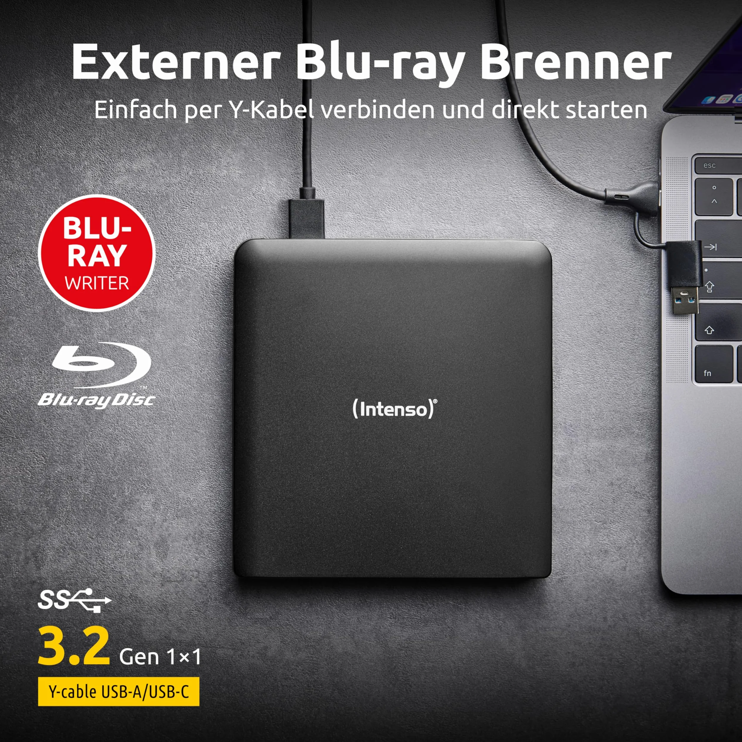 Intenso Unità esterna Blu-ray EOD 500BD Slim, USB 3.2, per laptop, desktop, iMac, MacBook, Windows, MacOS, con software di masterizzazione gratuito Ashampoo Burning Studio, nero