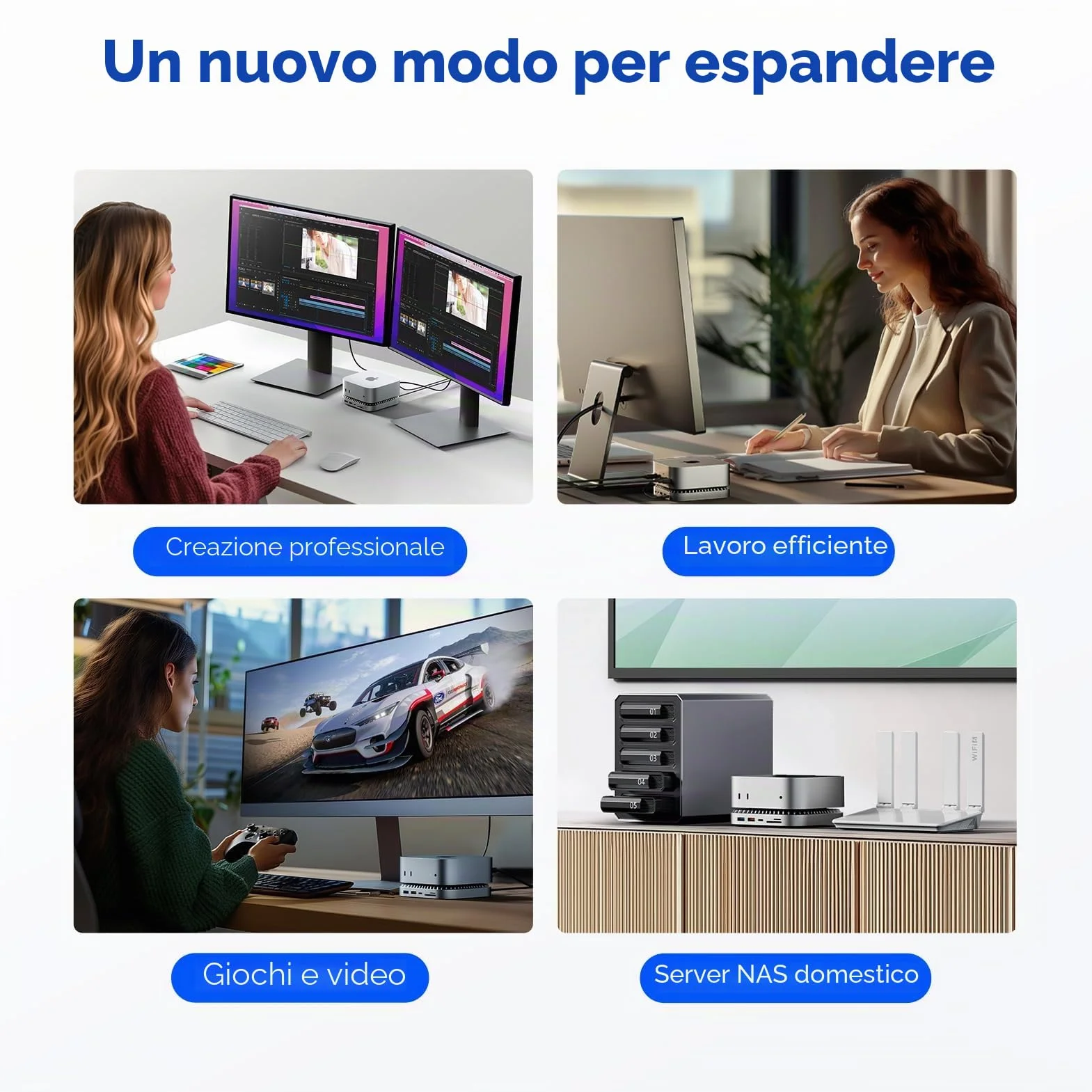 Dock per Mac mini M4 e M4 Pro 2024, supporto in alluminio e hub HDMI 4K60Hz, alloggiamento SSD M.2 NVMe/SATA, ricarica USB-C, SD/TF, audio