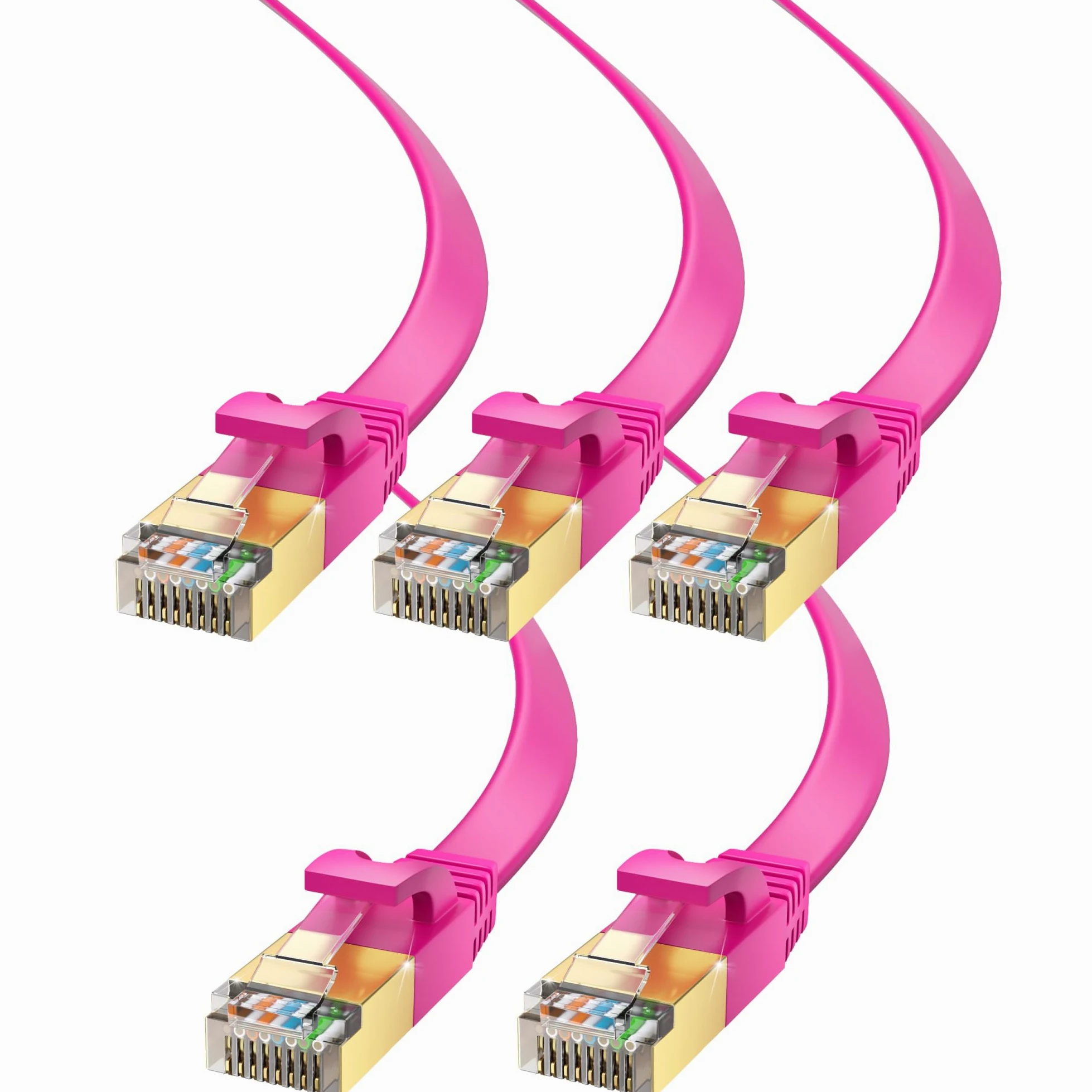 Maximm Cavo Ethernet piatto CAT7, confezione da 5 (rosa, 6,1 m), 10 Gbps, 600 MHz, connettori RJ45 schermati dorati, design flessibile ultra sottile per rete domestica e ufficio