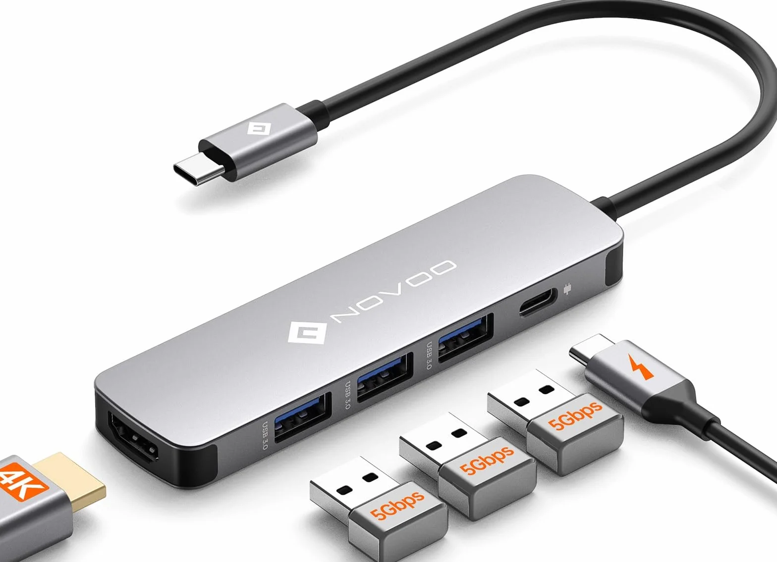 NOVOO Adattatore USB C Hub 4K@60Hz per MacBook Pro/Air M1 con HDMI 4K@60Hz, 100W PD,3 porte USB 3.0 in alluminio multiporta dock compatibile per MacBook M2 M3, Surface, laptop, altri dispositivi di