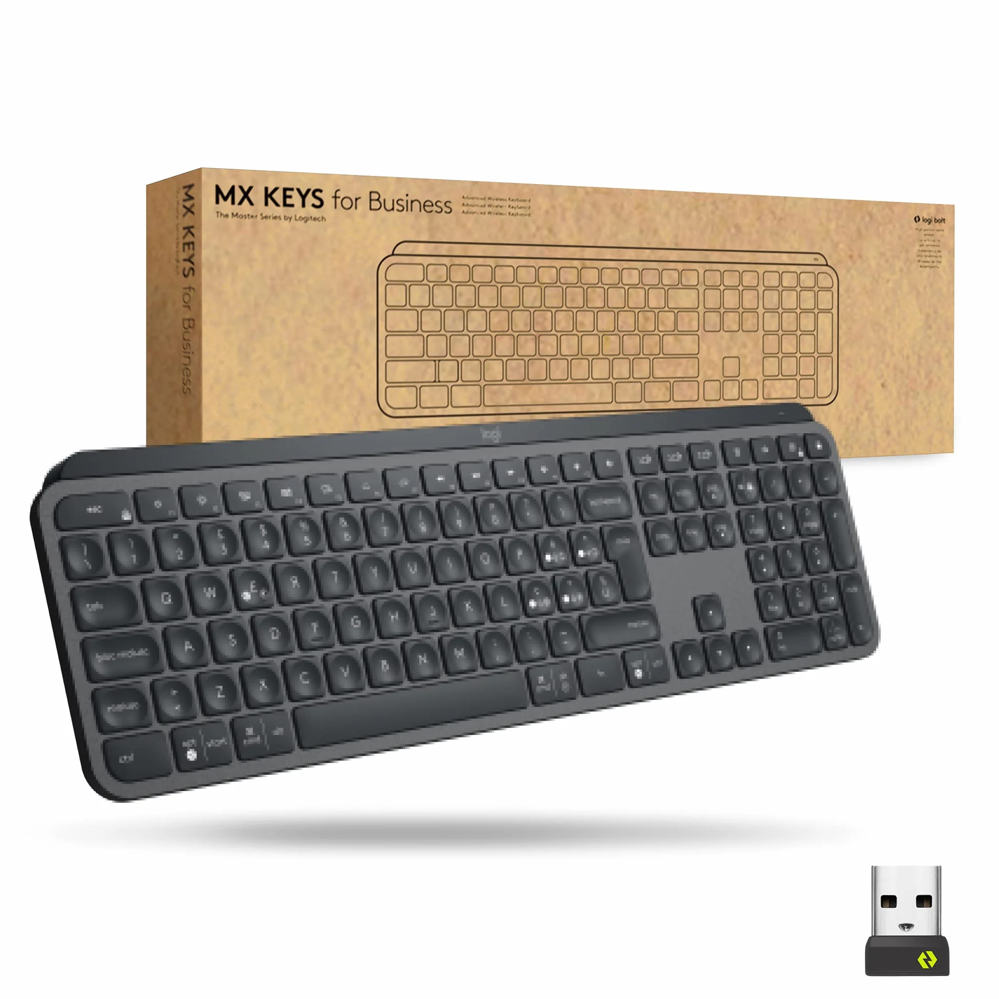 Logitech MX Keys Advanced for Business Tastiera wireless illuminata, ricevitore USB Logi Bolt, Bluetooth, tasti retroilluminati, ricaricabile, layout QWERTY Italiano - Grafite