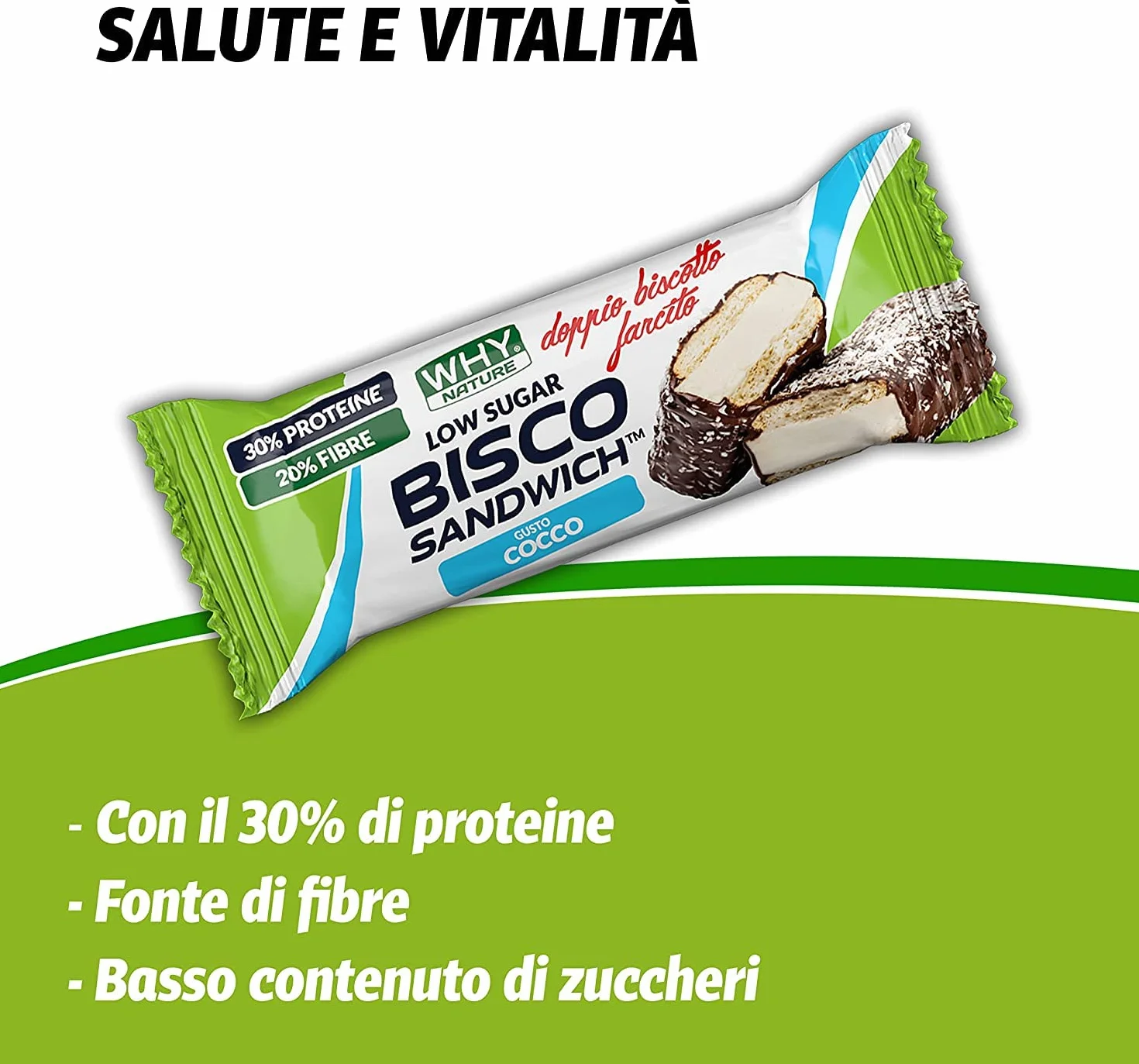 WHY NATURE BISCO SANDWICH Barrette Proteiche Biscotti Proteici Ricoperti di Cioccolato Snack Proteici Gusto Cocco Box 21 Pezzi 45 gr
