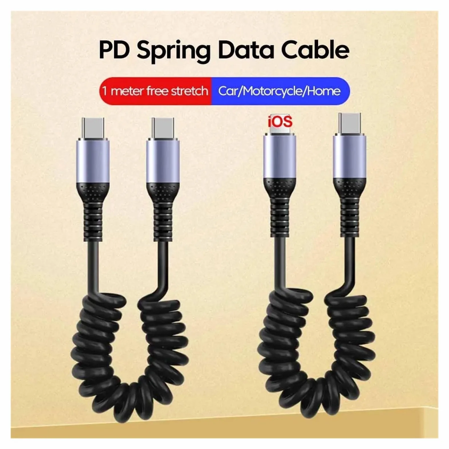 Cavo USB C a gomito a molla, 6 A, 66 W, ricarica rapida, tipo C, per iPhone e Samsung (3 in 1 a tipo C)