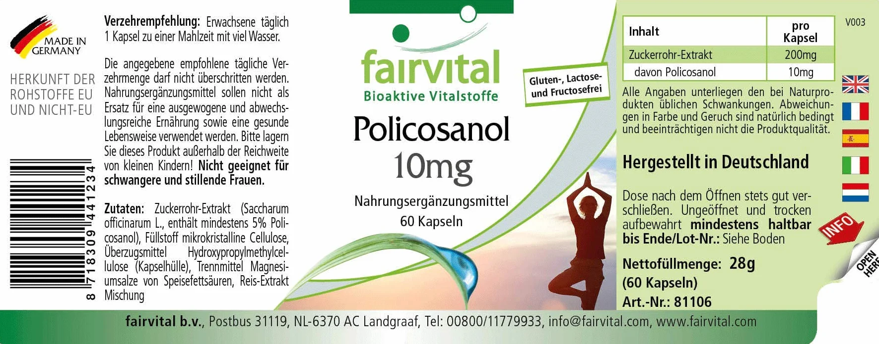 Fairvital Policosanol Capsule 10 mg, 60 Capsules, Alto Dosaggio, Vegane