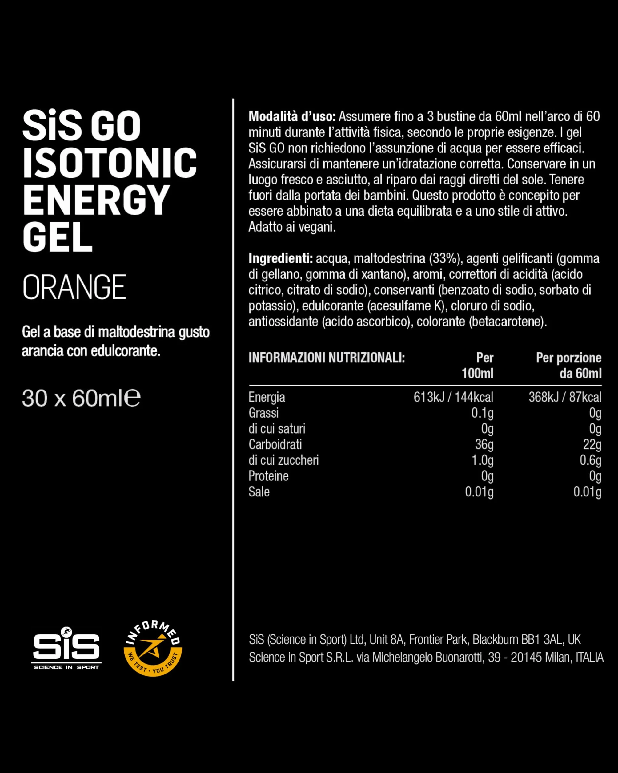 Science in Sport GO Energy Gel Isotonico 30 x 60ml Arancia 22g Carboidrati