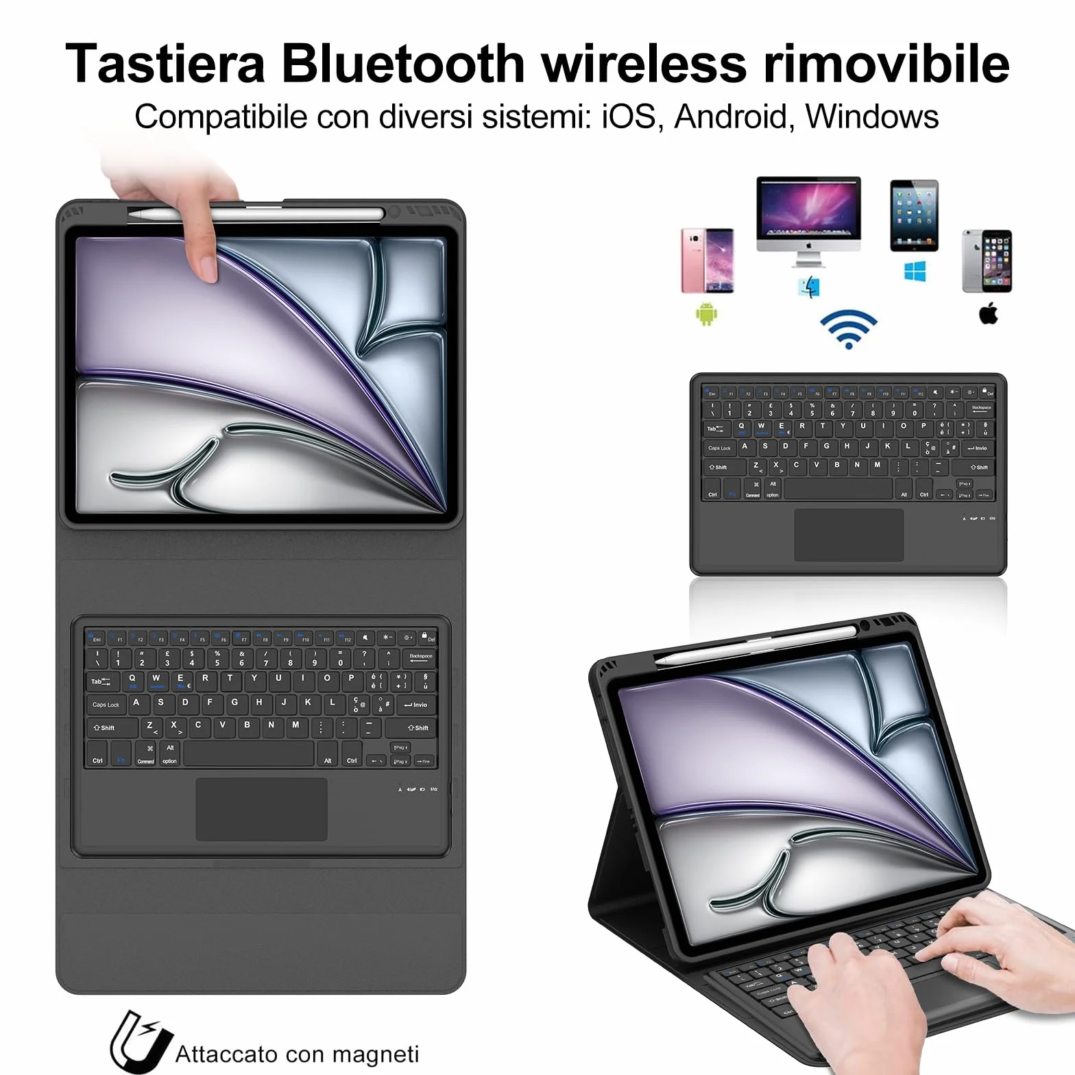 IVEOPPE Tastiera iPad Air 13 M4 2026/M3 2025/M2 2024 con Touchpad, Cover Tastiera Trackpad Italiano QWERTY Magnetico Staccabile Bluetooth con Portapenna per iPad pro 12.9 3-6 Gen, Nero