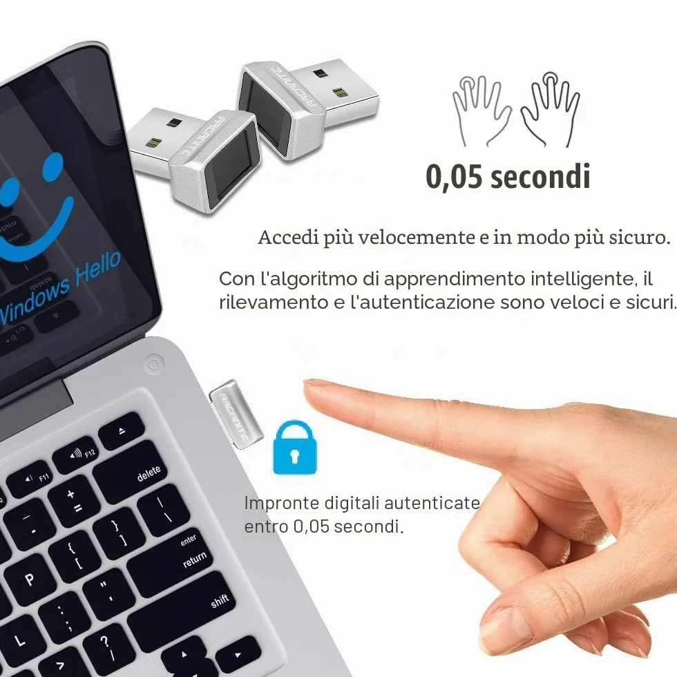 ARCANITE, Lettore di impronte digitali USB per Windows 11/10 Hello, dispositivo di sicurezza con sensore a 360 gradi, latenza 0,05 s