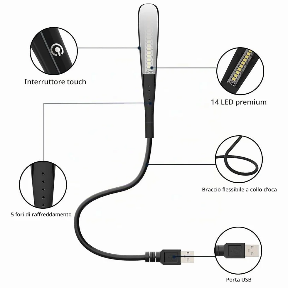 Lampada USB Per PC, Lampada USB Per PC Portatile, Lampada LED USB Per Tastiera Computer, Lampada Da Lettura Per Tastiera Del Computer, Luce USB Regolabile Per Laptop, Luce USB Portatile, Nero