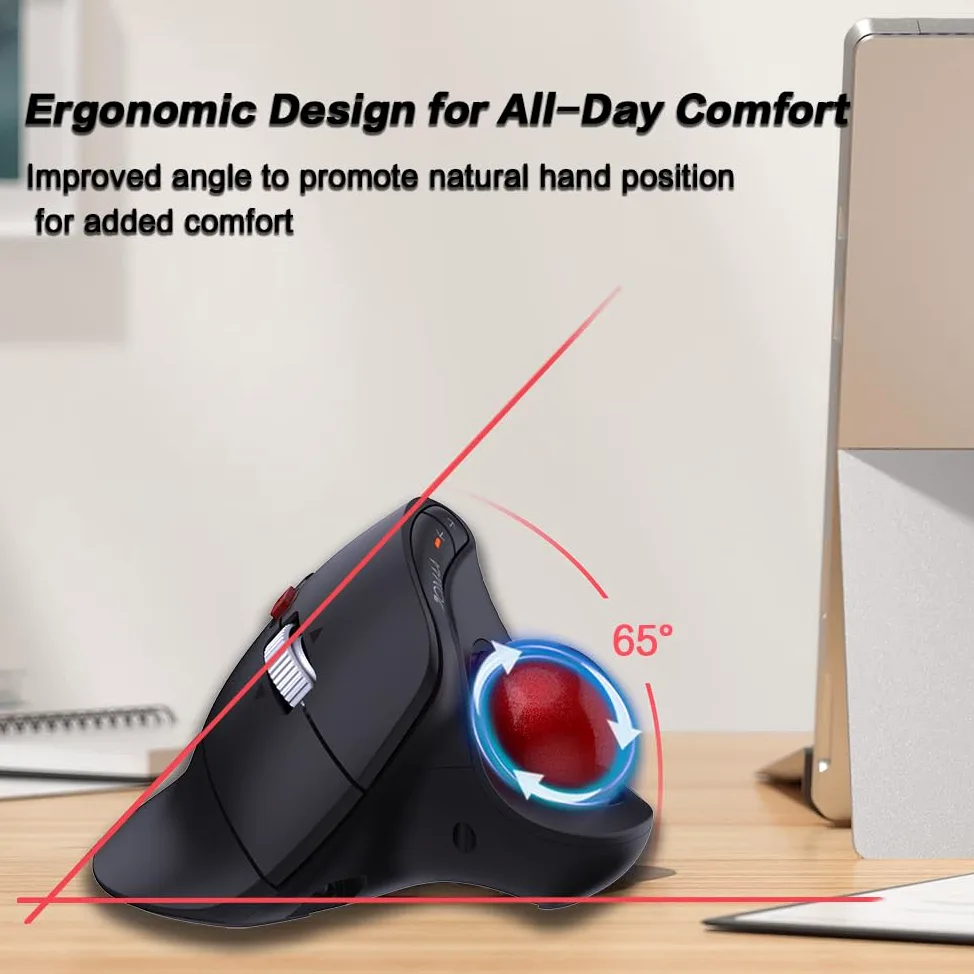 JOMAA Mouse wireless con trackball verticale, design ergonomico, commutazione a 3 dispositivi, 2,4 G/Bluetooth 5.0, ricaricabile di tipo C, DPI regolabile, compatibile con Windows/macOS/iOS/Android