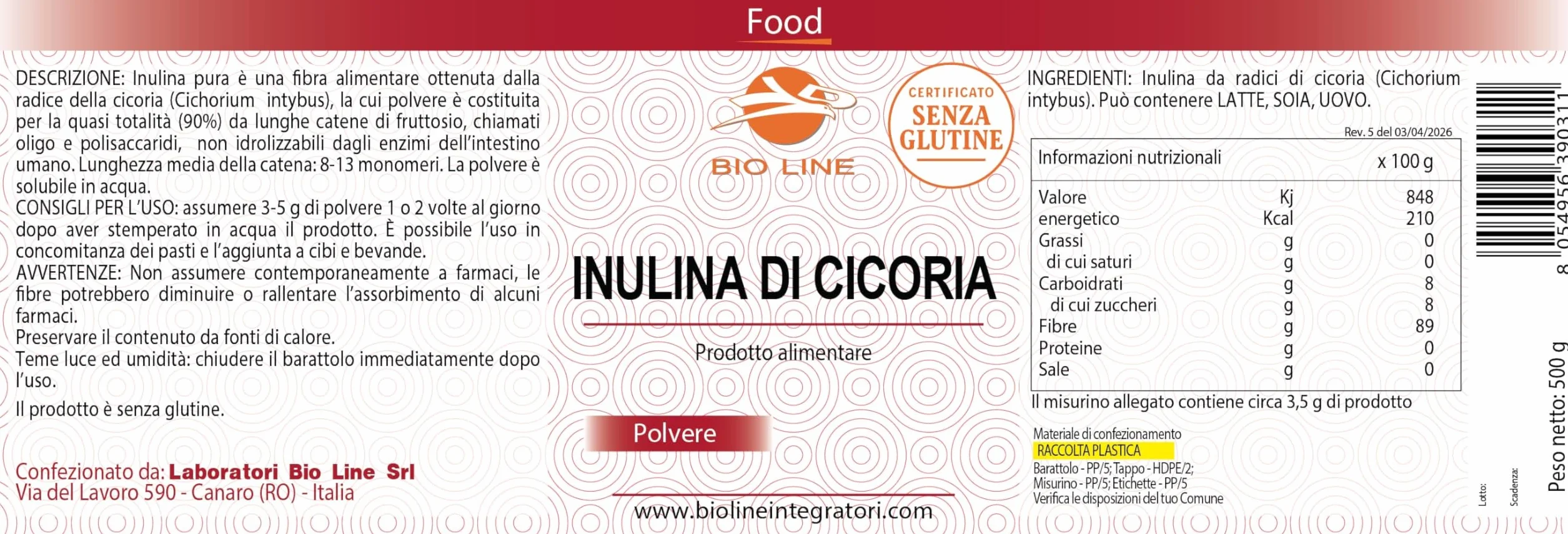 Bioline Inulina in Polvere di Cicoria Solubile 500 g Fibra Vegetale Regolarità Intestinale Senza Glutine Made in Italy