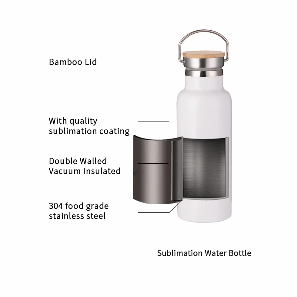 PYD Life Bottiglia di acqua a sublimazione bianca 481,9 g bottiglia sportiva in acciaio inossidabile con coperchio in bambù per bicchiere stampa a sublimazione stampa confezione da 4