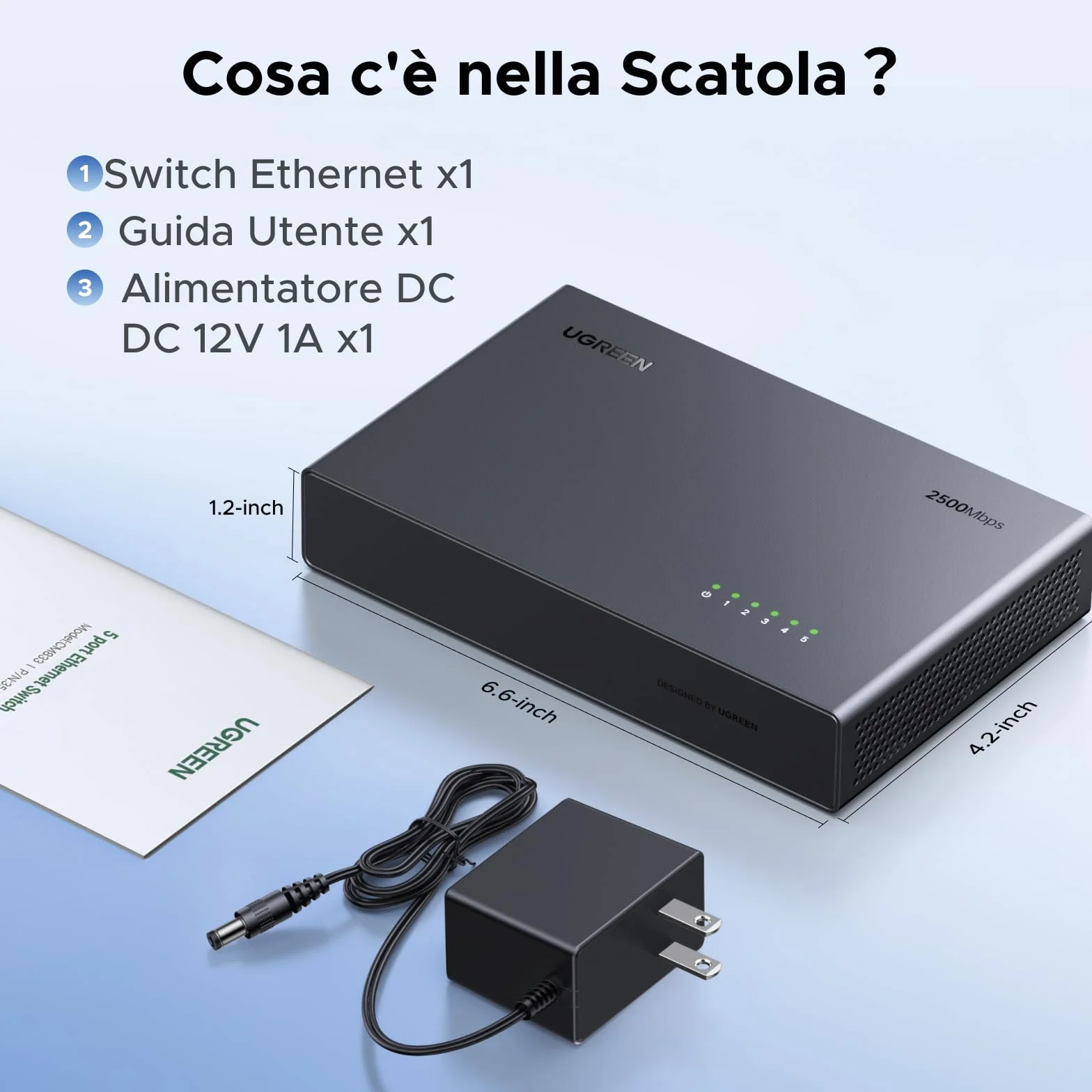 UGREEN Switch Ethernet 2,5G 5 Porte, Duplex, Plug and Play, Non Gestito, Hub RJ45, 100/1000/2500Mbps per PC, NAS, Server, Router, Monitor, Console di Gioco, Video 4K/8K