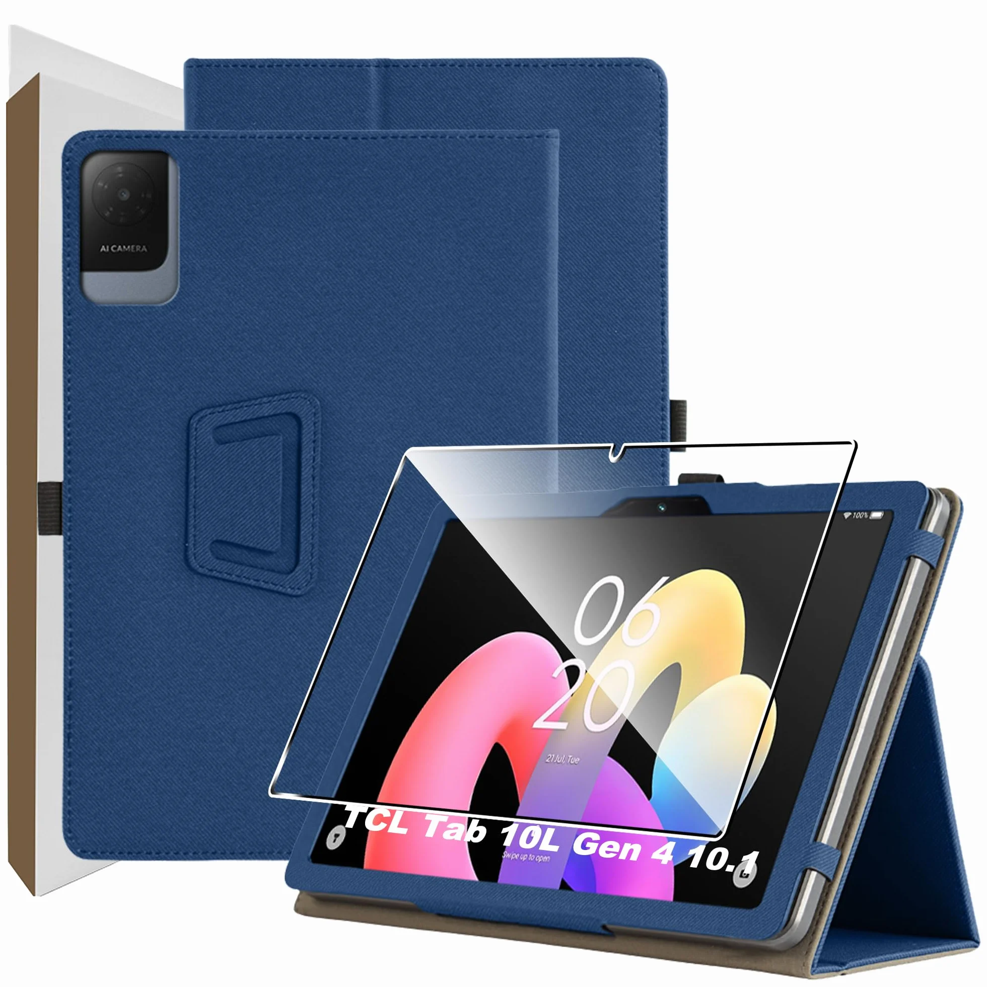 Pellicola Vetro Temperato e Custodia in Pelle PU per TCL Tab 10L Gen 4 Tablet 10.1 Pollici, Blu Scuro