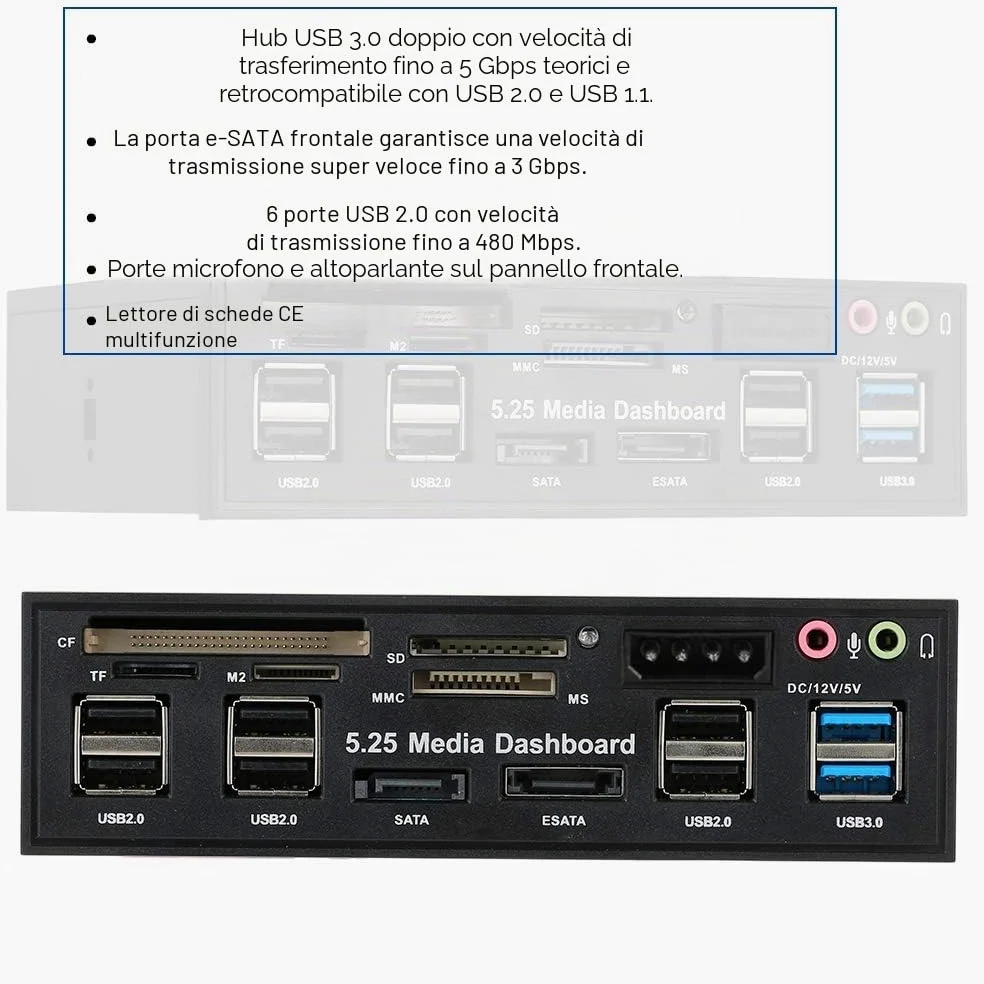 Scheda di memoria multifunzione USB 3.0 Hub eSATA SATA Lettore di schede interne PC Media Dashboard Media Pannello frontale per SD MS CF TF M2 Schede di memoria MMC Adatto a 5,25 "