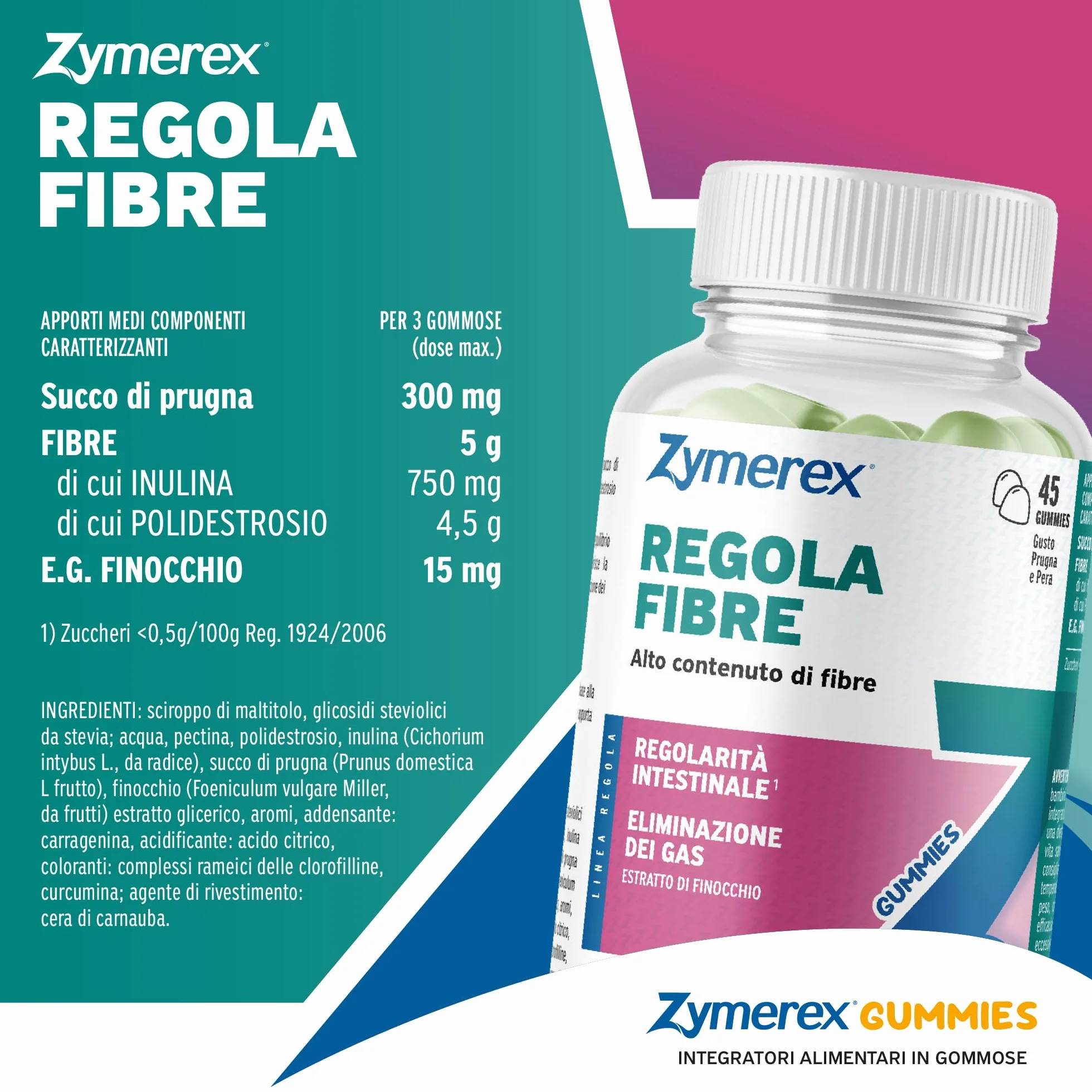 Zymerex REGOLA FIBRE Gummies 45 gommose Integratore fibre regolarità intestinale